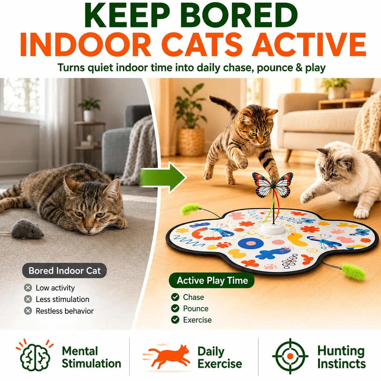 Pet's Var Jouets interactifs pour chats d'intérieur – Jouet pour chat à activation automatique du mouvement avec baguette mobile, son de papillon et de souris, jouet d'exercice rechargeable pour chats