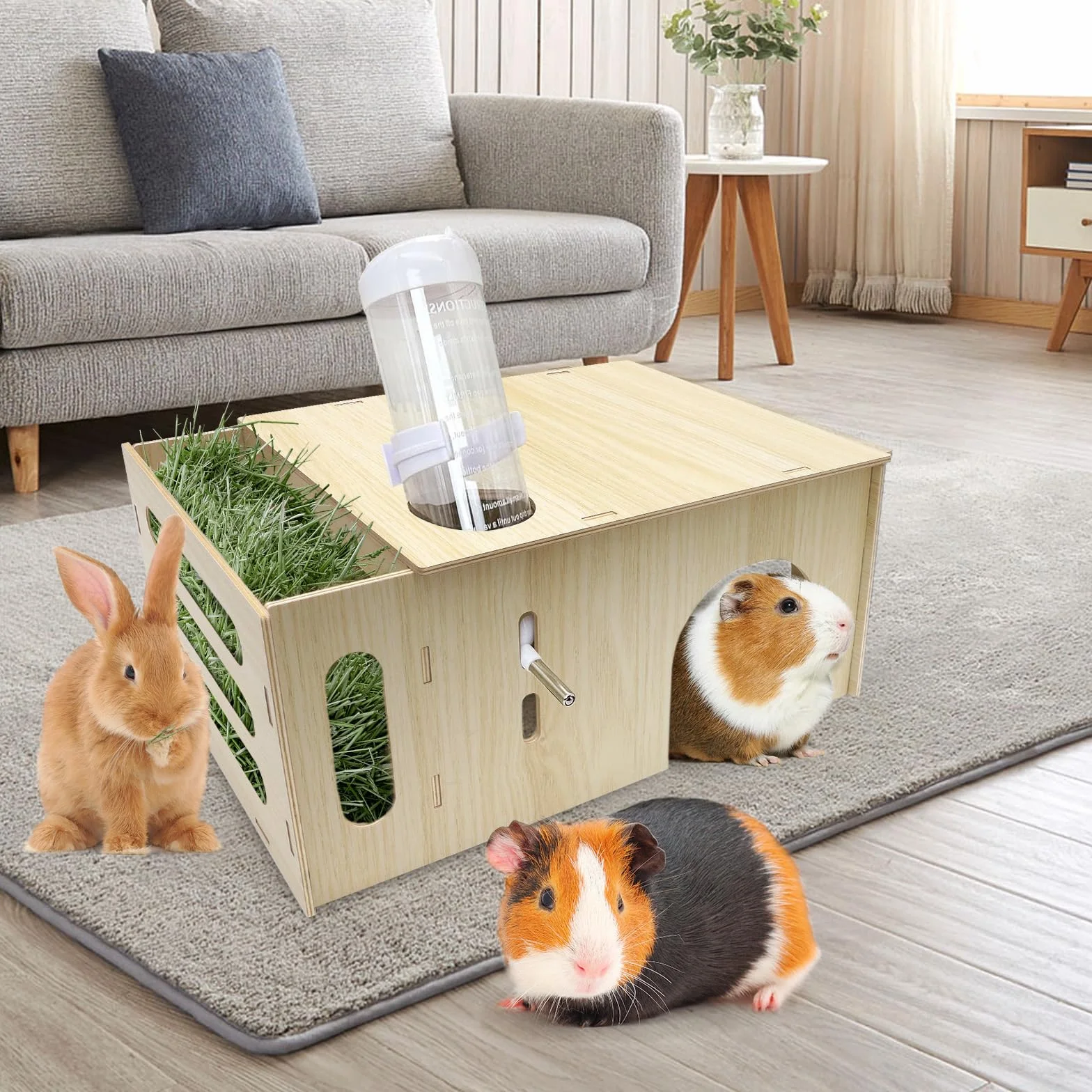 Maisonnette avec Mangeoire à Foin pour Lapin, 2 en 1 Cabane Cochon d'Inde en Bois pour Petits Animaux