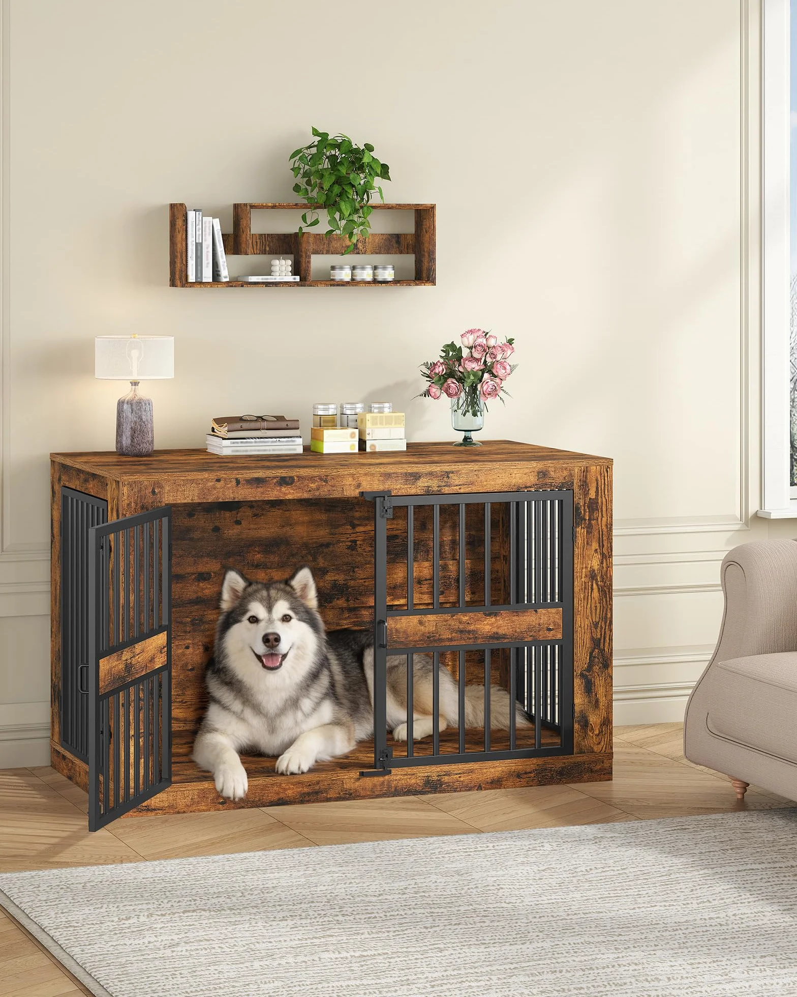 Cage pour Chien 120 cm Niche d'Intérieur en Bois Design Moderne 4 Portes XXL Table d'Appoint Marron Rustique