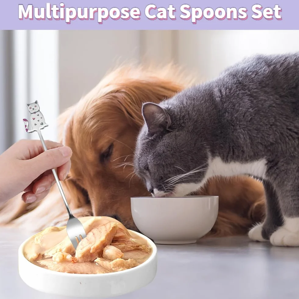 Cuillère à friandises pour chat en acier inoxydable, 2 petites fourchettes, set de cuillères de nourriture humide
