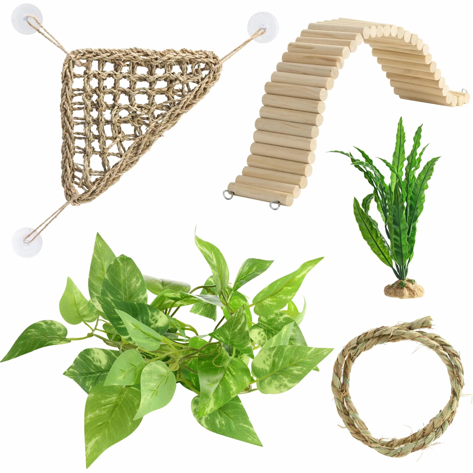 Navaris Décoration Terrarium Vivarium - Lot 5X Accessoire avec hamac Corde Petit Arbre Plante et Rampe en Bois - Deco Terrarium pour Cameleon Dragon Barbu Gecko lezard