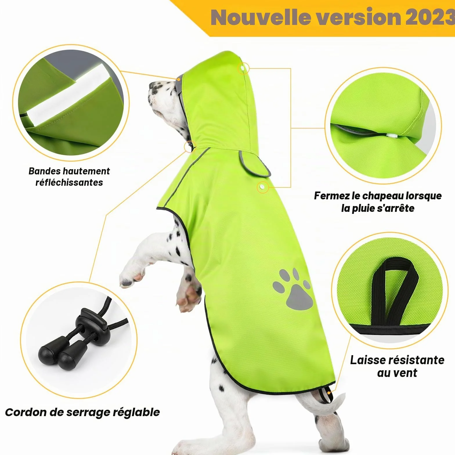 Manteau Chien Imperméable Réglable avec Capuchon, Manteaux Pluie Réfléchissants pour Chiens Petits, Moyens et Gros, 100% Étanche et Aéré