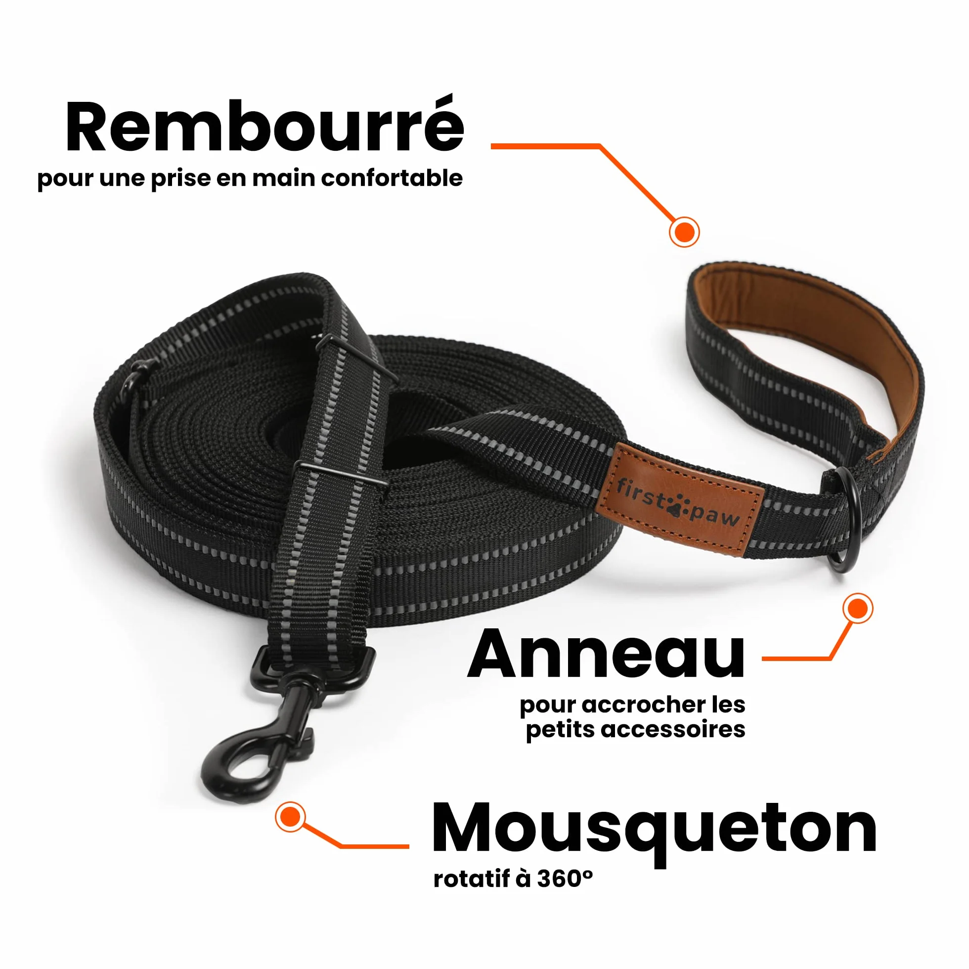Longe pour Chien 5m 10m 15m 20m Laisse de Dressage avec Poignée Rembourrée et Sac de Rangement Noir