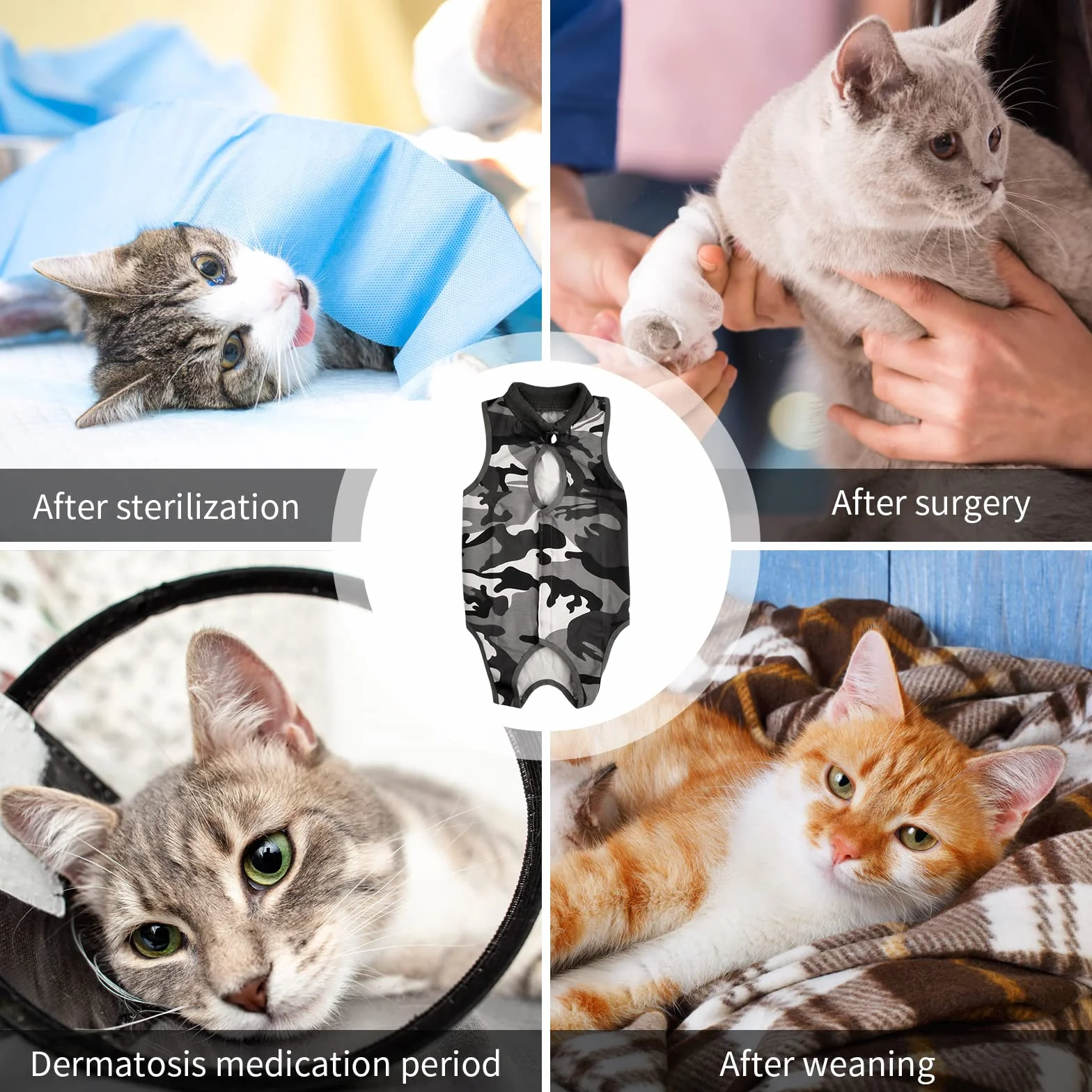 Combinaison de Récupération Chirurgicale pour Chat, Vêtement Post-Opératoire Camouflage, Alternative au Collier Cône E pour Plaies Abdominales (L)
