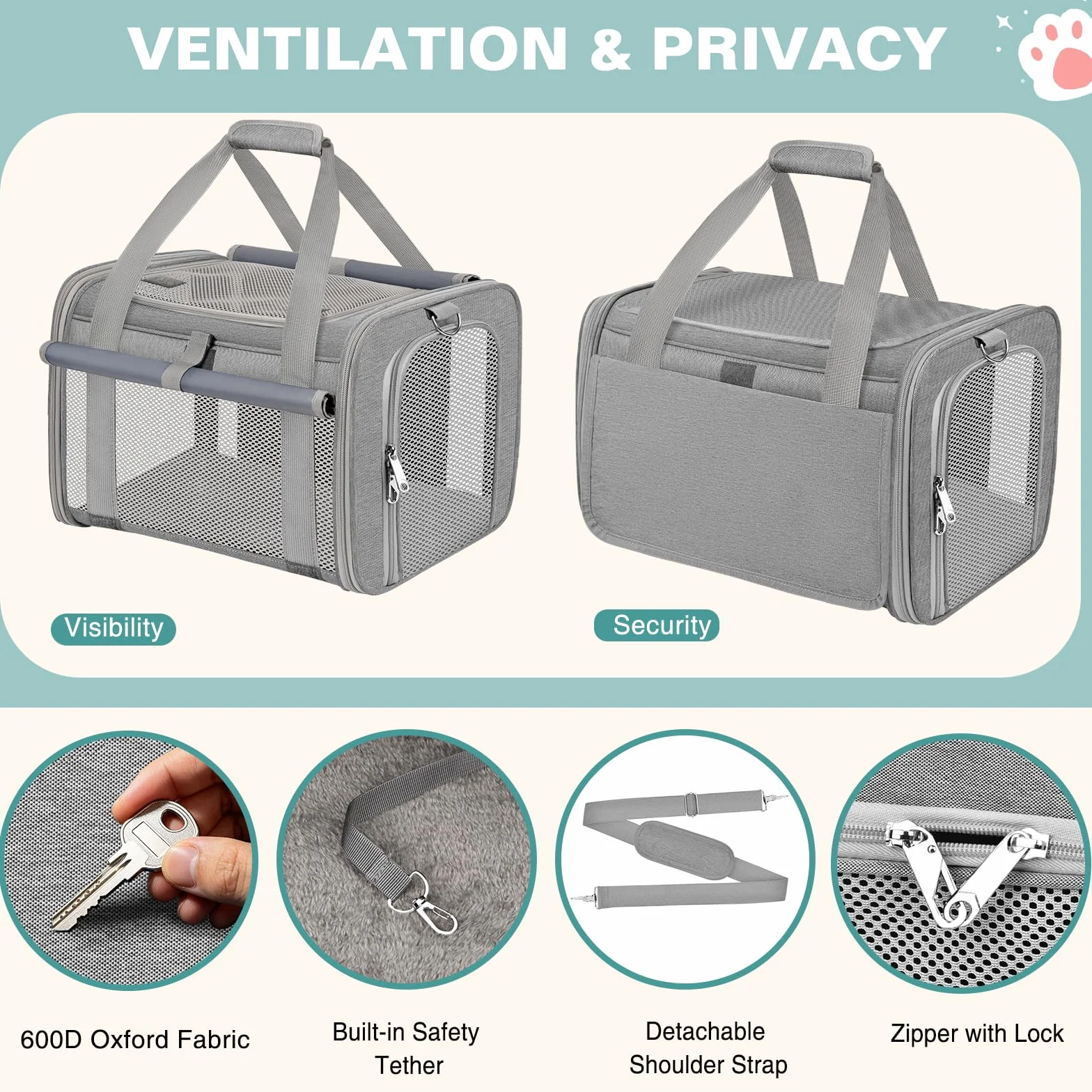 Sac Transport Chat Approuvé Aviation Sac Transport Chien Respirant et Pliable Caisse de Transport Chat avec Bandoulière Réglable Portable Cage Transport Chat avec Tapis Réversible (Gris)