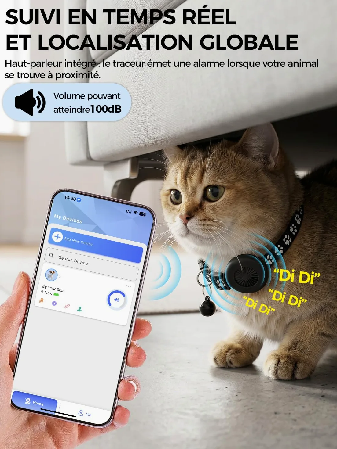 Traceur GPS Chat, Collier GPS Chat GPS Chien Compatible iOS et Android, Aucun Frais Mensuel, Suivi Mondial en Temps Réel, Étanchéité IP67, Historique des Trajets sur 7 Jours, Convient aux Chats Chiens