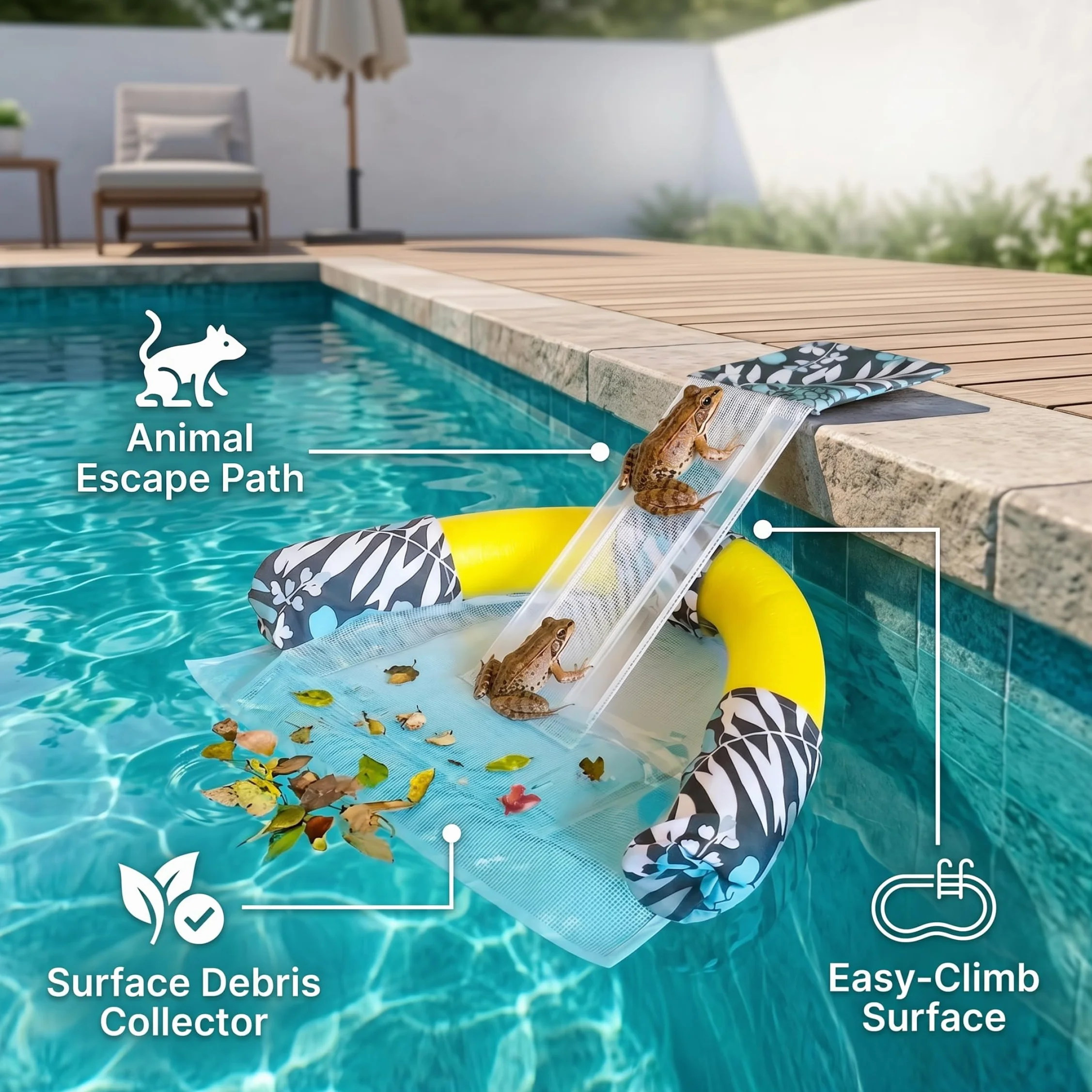 Rampe de Canard pour Piscine, Rampe d'Évacuation Animaux, Maille et Écumoire Feuilles Double Fonction