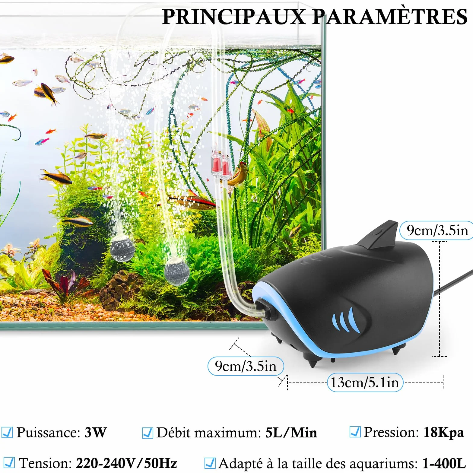 Pompe à Air pour Aquarium 3W 5L/Min Silencieux Ajustable 400l