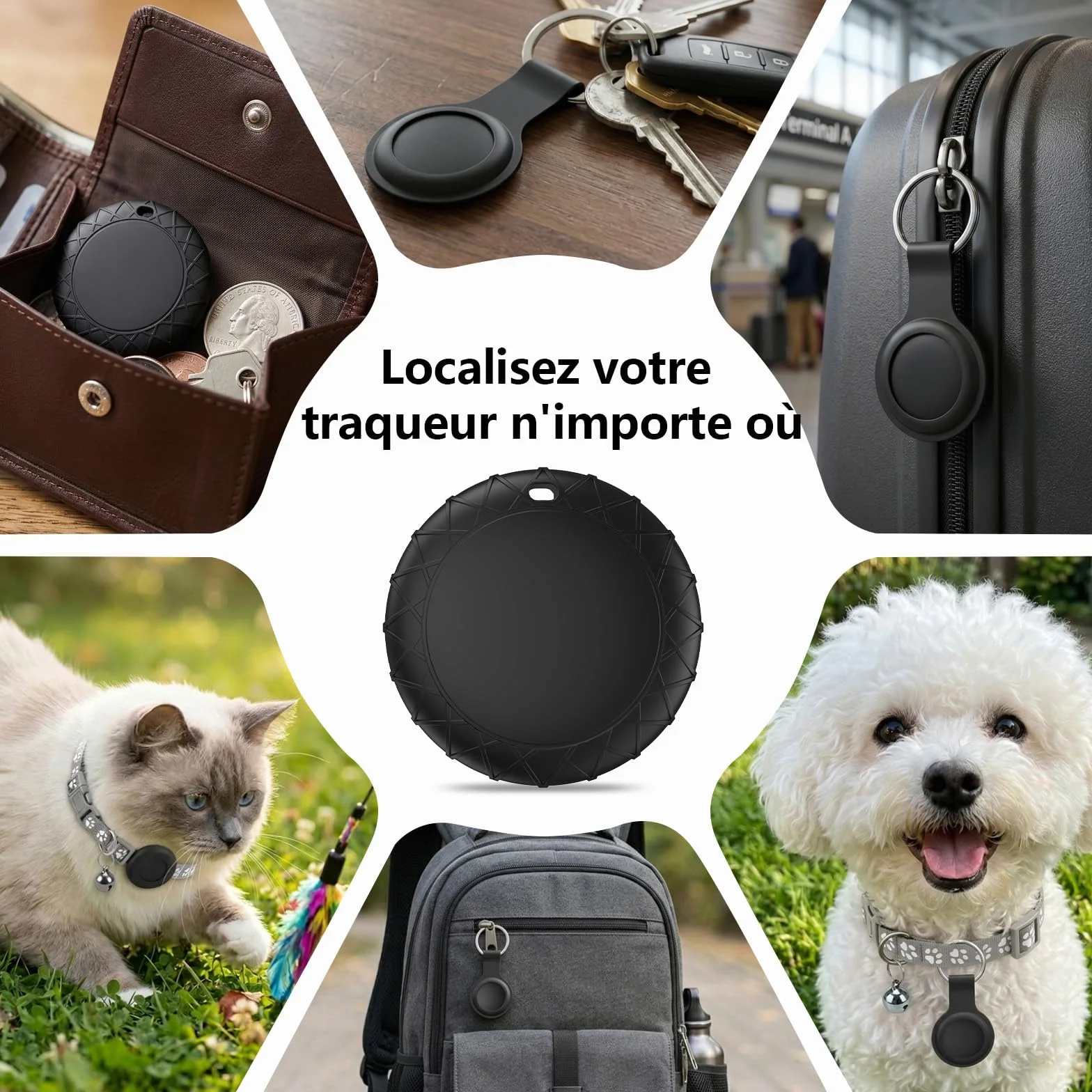 Collier GPS Chat, Traceur GPS Chien Chat sans Carte SIM/Abonnement Mensuel, Compatible avec iOS et Android, Suivi en Temps Réel Étanchéité IPX6 Traceur Collier Traceur pour Chien,Chats,Voitures - Gris