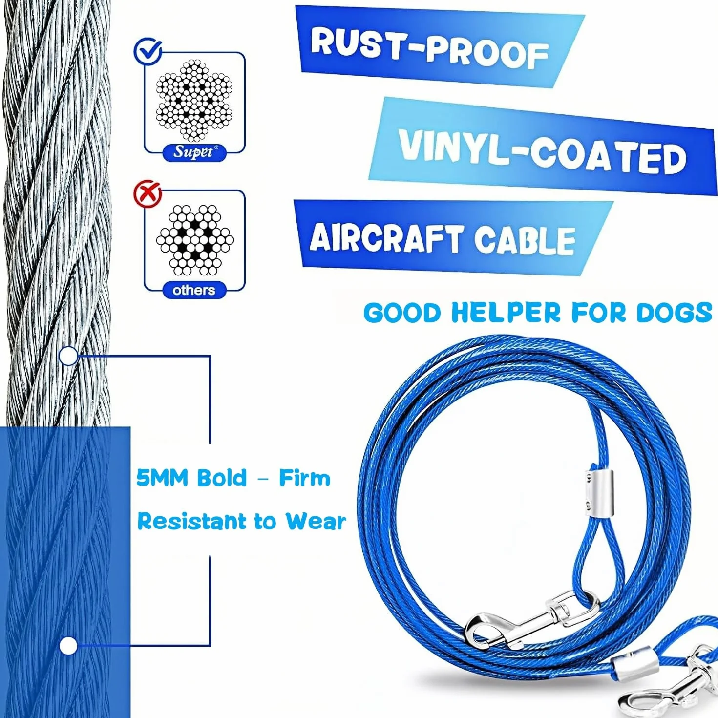 Piquet de pose pour chien avec laisse de 3 m, ancrage solaire pour extérieur, bleu