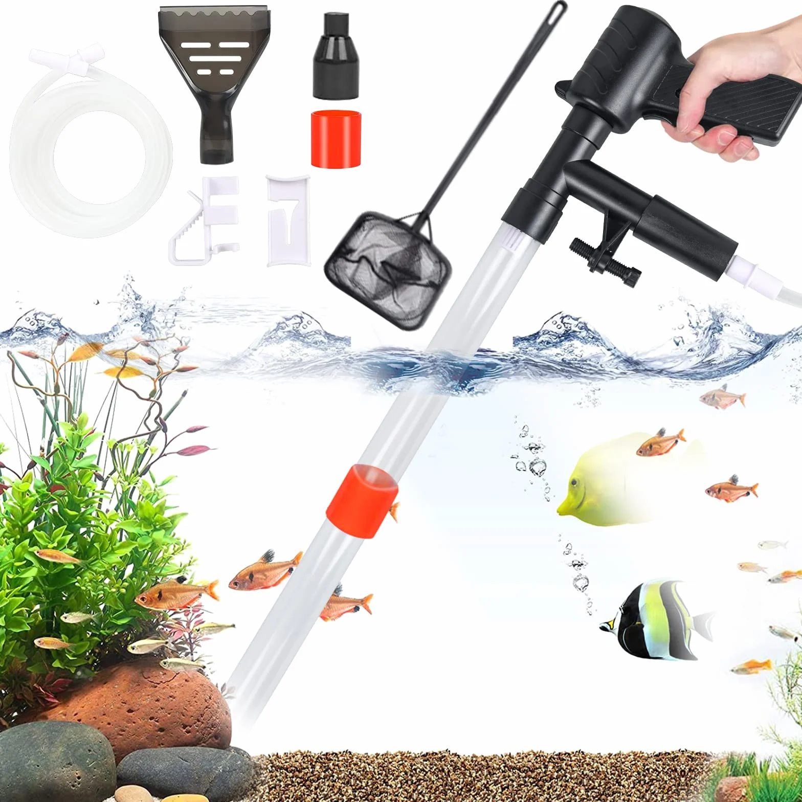 Aspirateur de Boues d'Aquarium, 5 in 1 Kit de Nettoyage de Gravier d'Aquarium, Nettoyeur de Gravier Changement d'eau Filtre Rapide Aquarium Changeur l'eau avec Bouton Pression d'air Grattoir en Verre