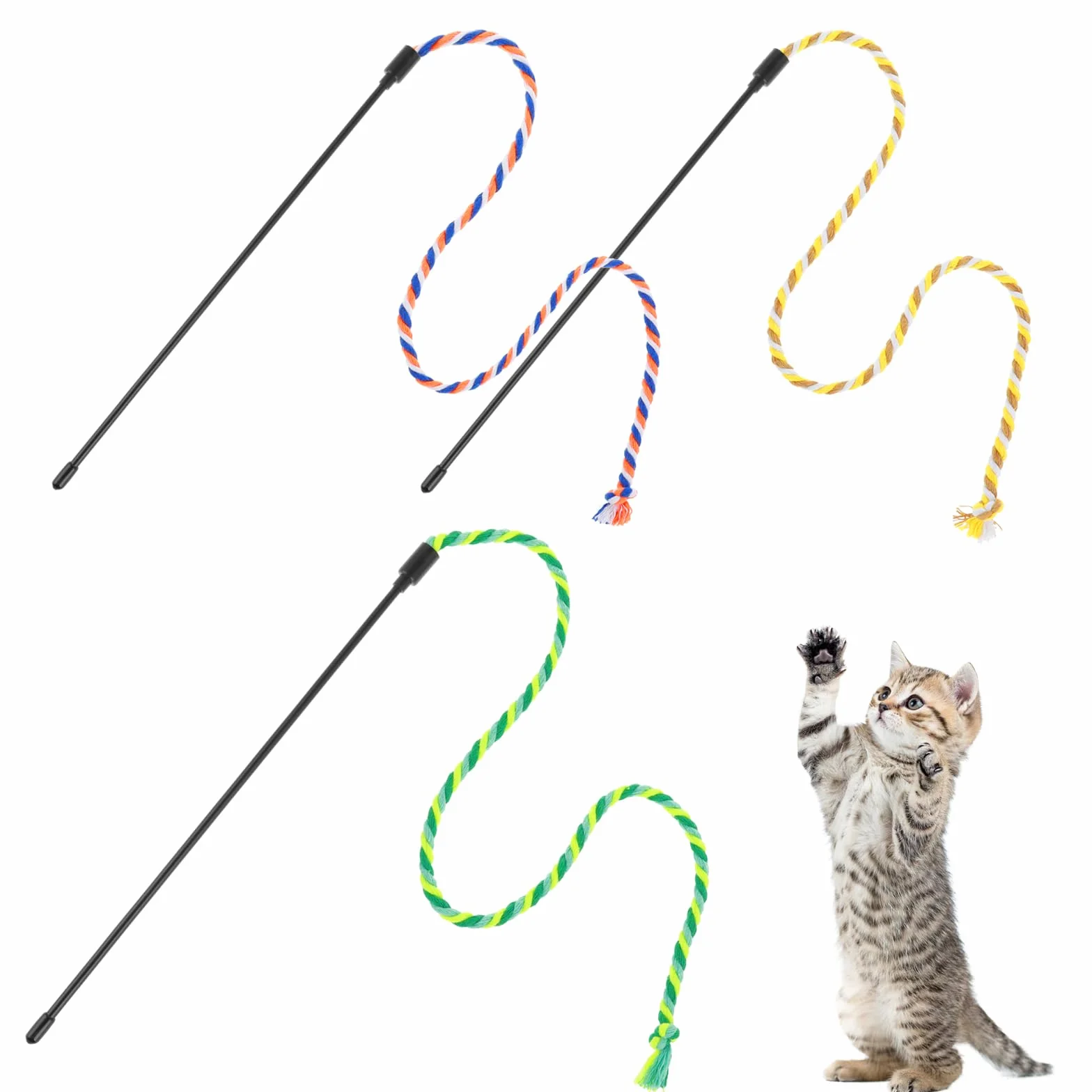 Simarro Lot de 3 Baguettes à Plumes Jouet Interactif Chat Corde Colorée