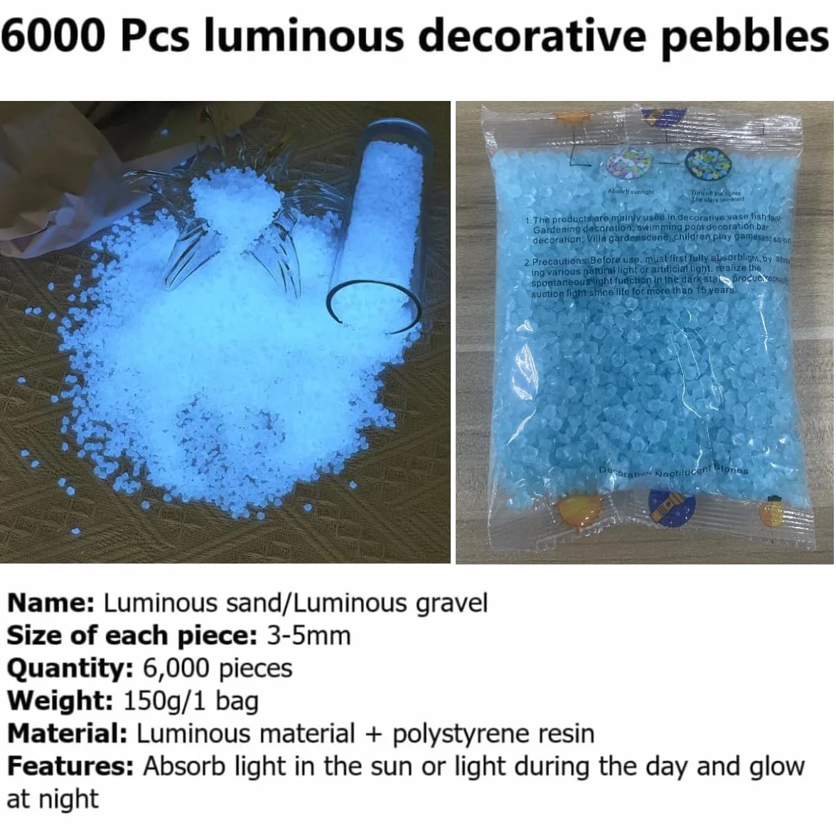 Pierres lumineuses fluorescentes aquarium 3-5 mm 150 g bleu clair Lot de 6 000