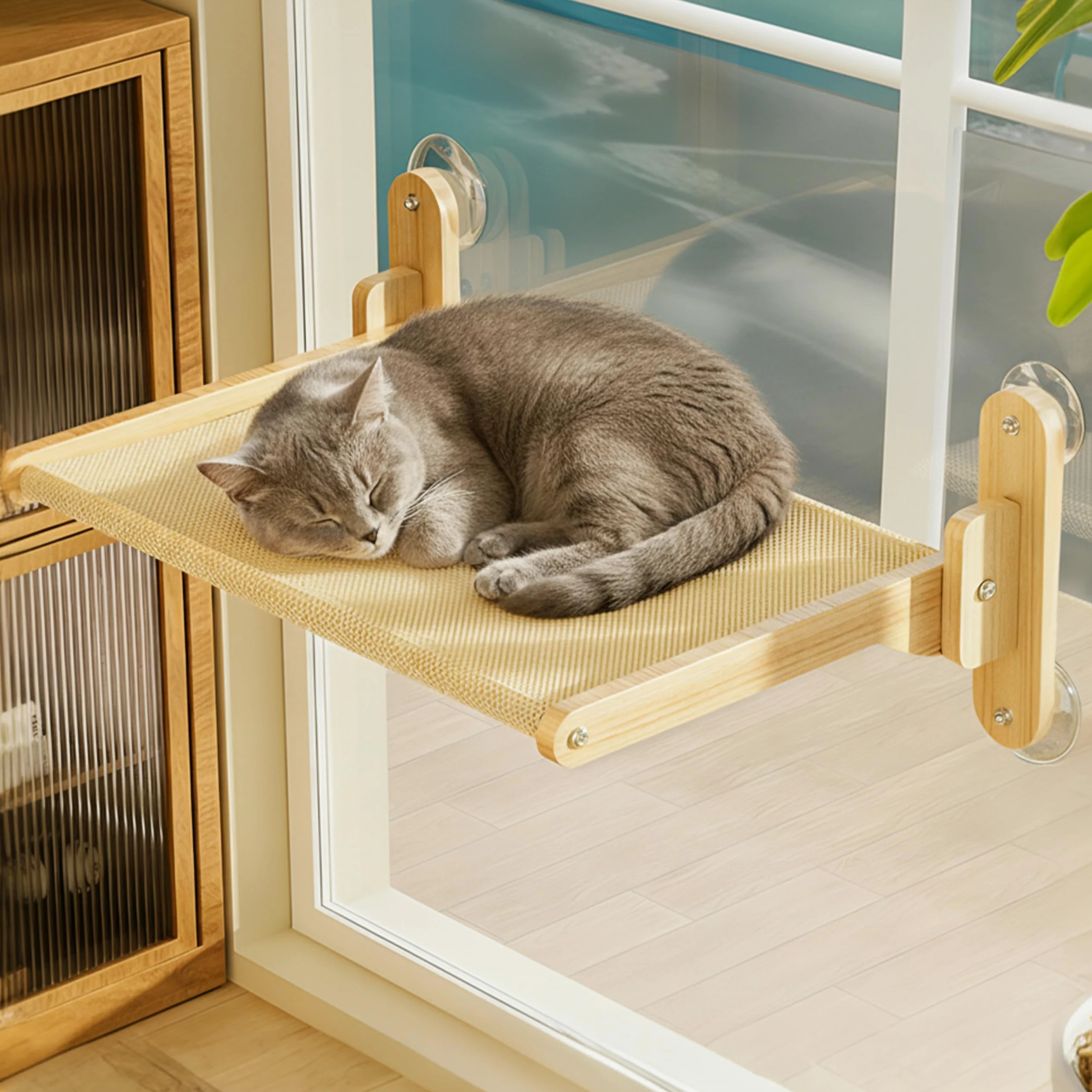 Hamac de fenêtre en bois pour chat, pliable, perchoir de fenêtre renforcé, design discret sans fil avec ventouse puissante, 2 tapis respirants et lavables pour chats d'intérieur pouvant supporter
