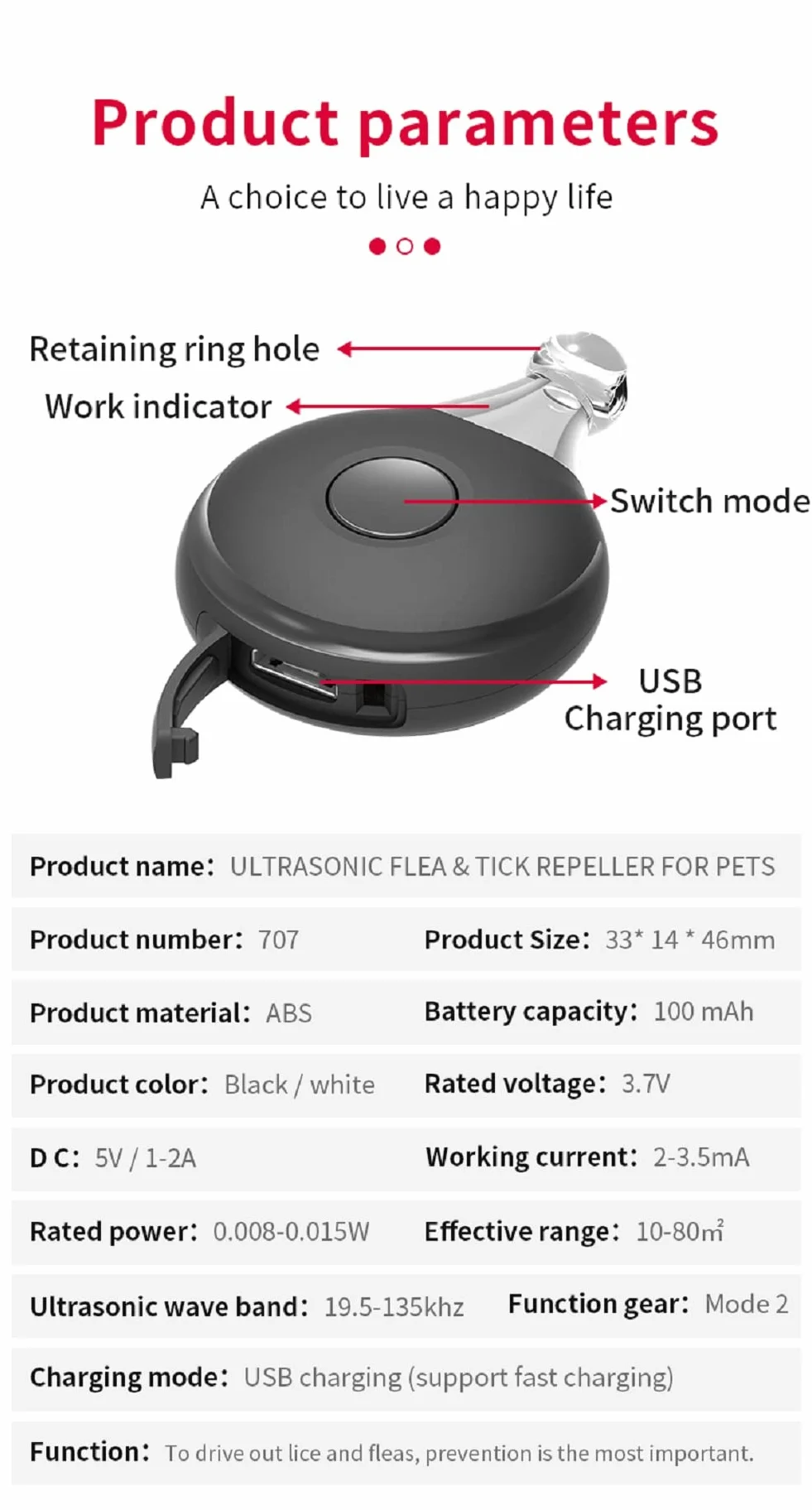 Sweetneed Chidad Yi Ultrasonique Anti-Puces et Anti-Tiques pour Animaux de Compagnie Pendentif à Ultrasons Contre les Tiques Charge USB
