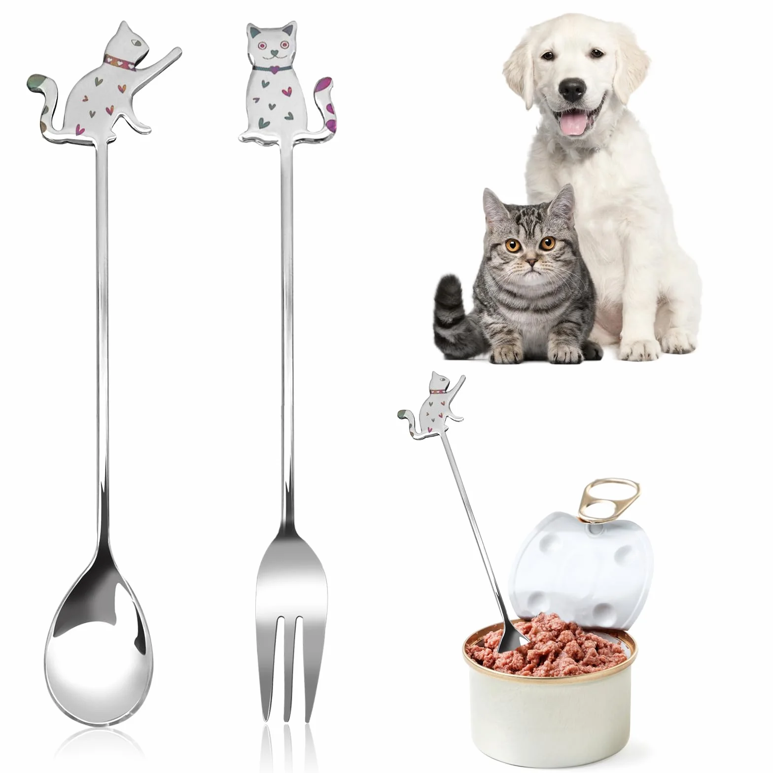 Cuillère à friandises pour chat en acier inoxydable, 2 petites fourchettes, set de cuillères de nourriture humide