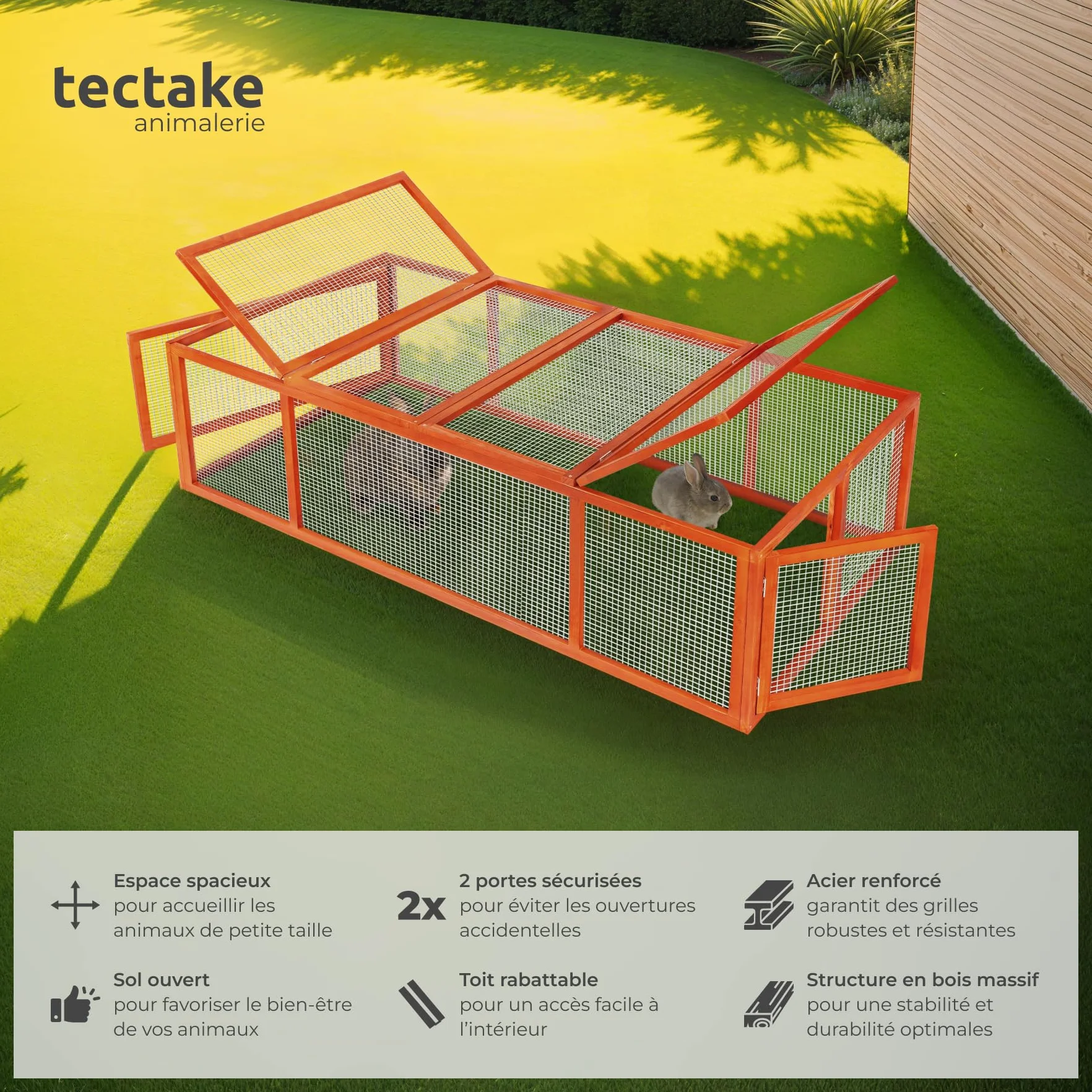 Tectake Clapier Lapin Exterieur 181x90x48 cm Bois imperméable Cage Rongeurs avec Parc XXL 2 Portes Toit ouvrant
