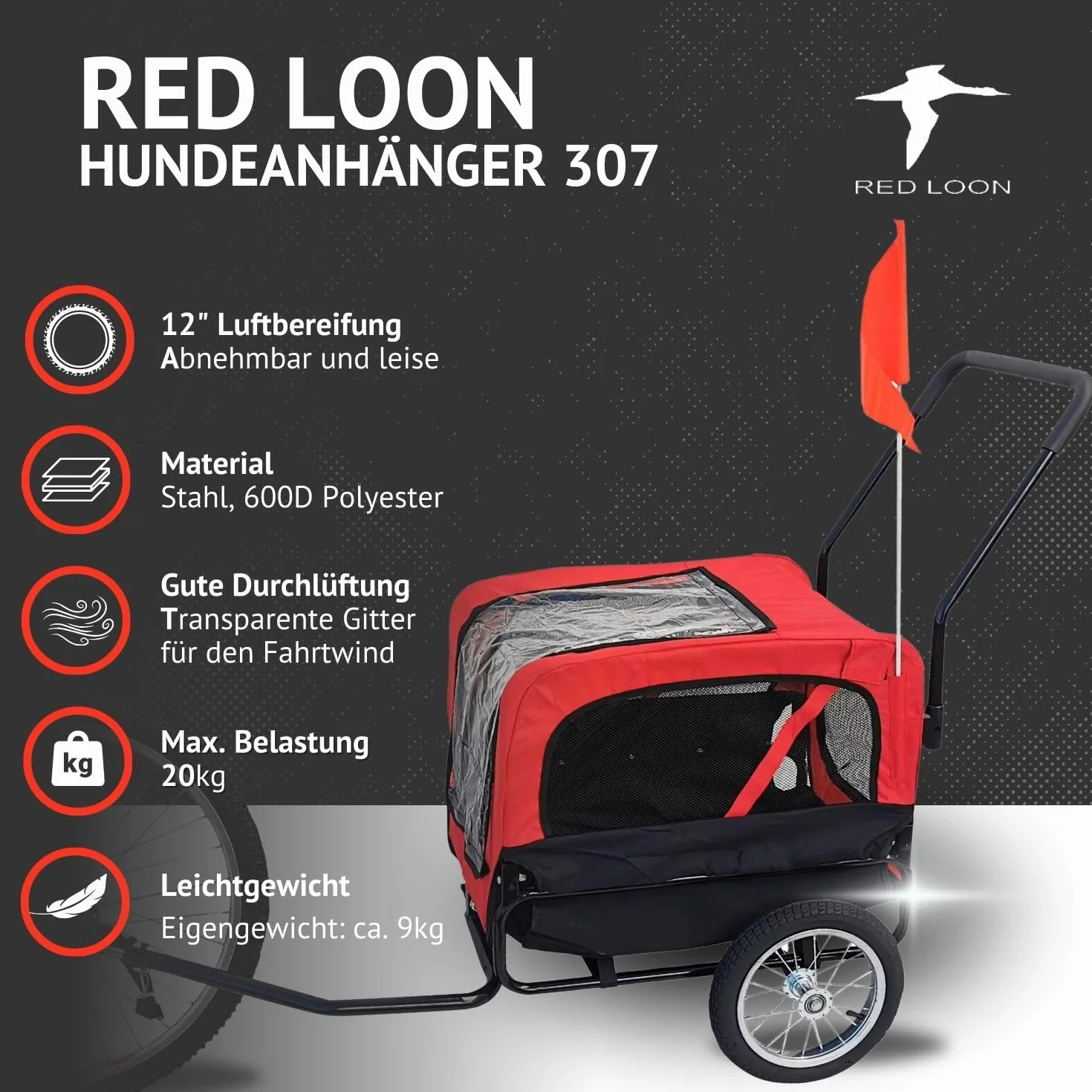 Red Loon Remorque pour chien Mini - Remorque vélo jogger rouge 20kg capacité, attelage universel protection