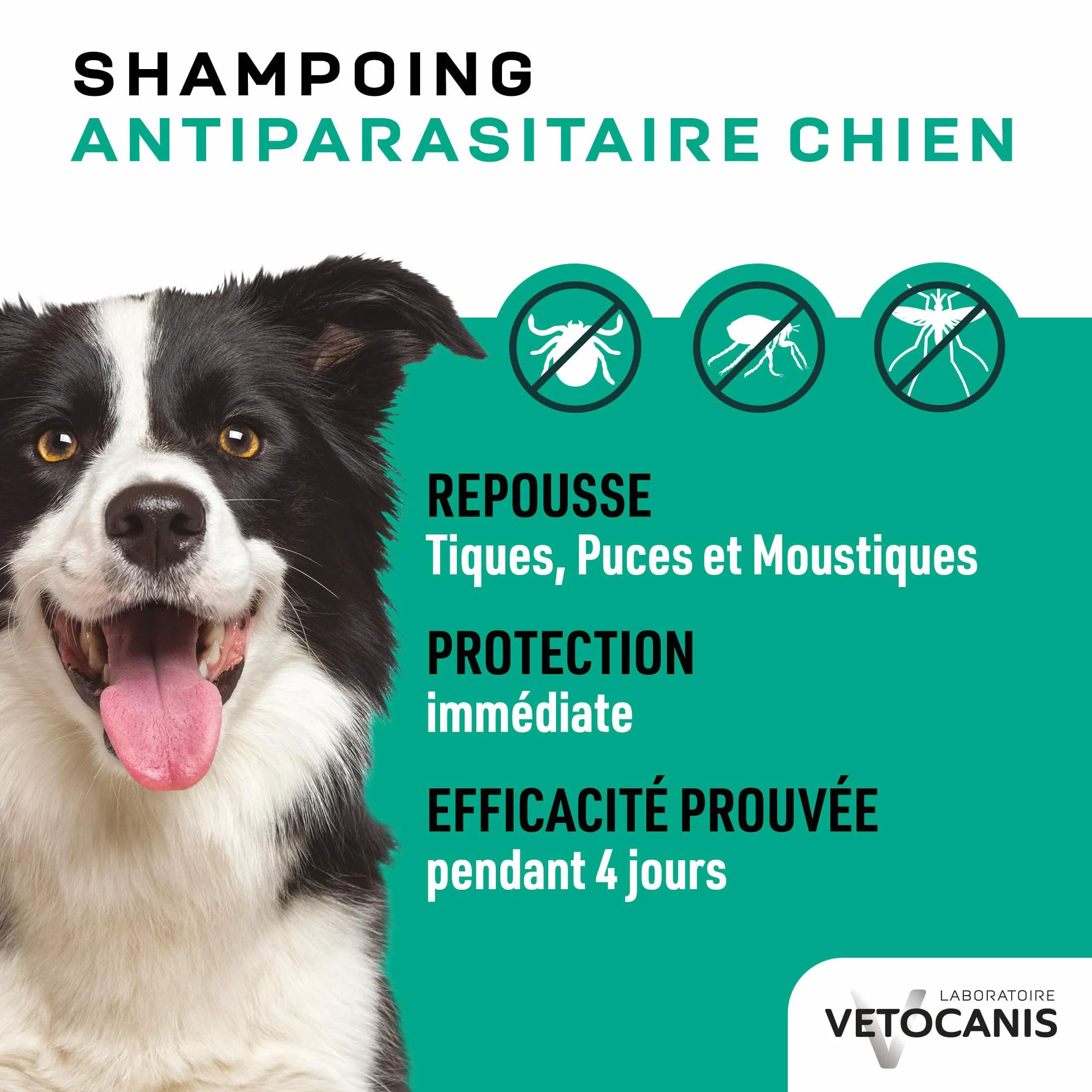 Vetocanis - Shampoing pour Chien - Anti-puces et Anti-tiques- Convient à tous types de Poils - A l'extrait de Plantes - Effet Répulsif - Sans Parabène ni Silicone - 300 ml