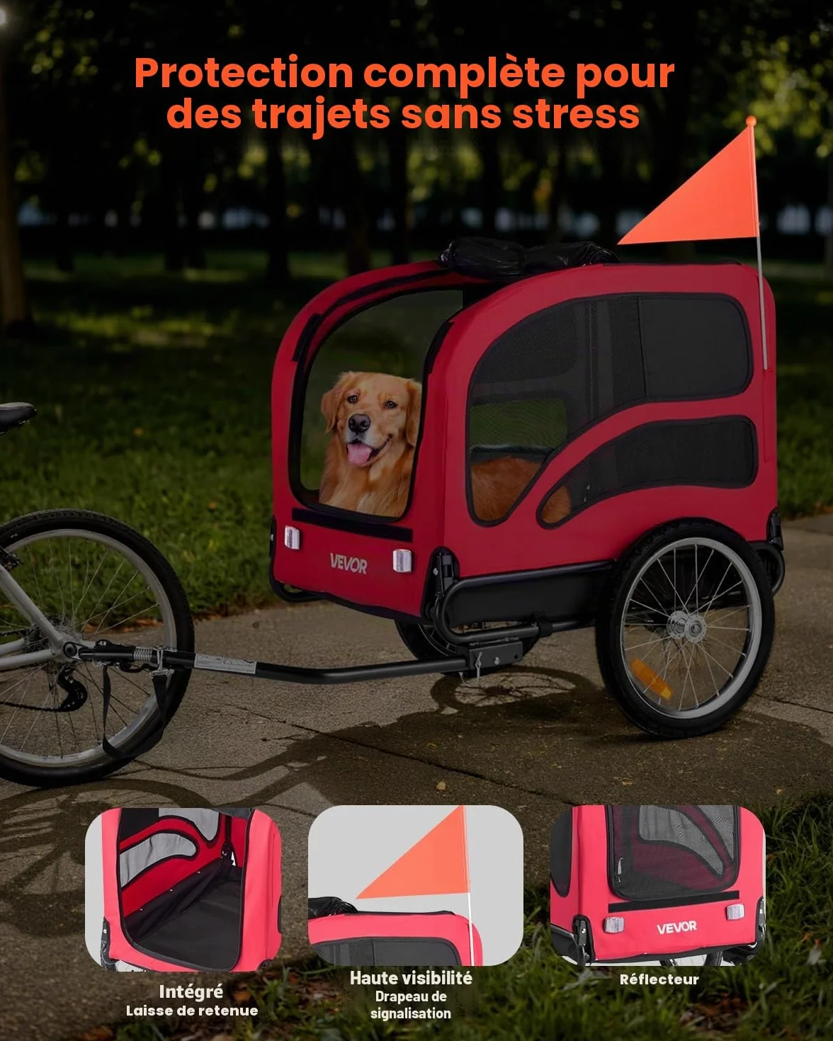 VEVOR Remorque de Vélo Chien Pliable Charge 45 kg Porte Animaux de Compagnie de Vélo Cadre Facile à Plier avec Roues à Dégagement Rapide, Coupleur de Vélo Universel,Réflecteurs, Drapeau