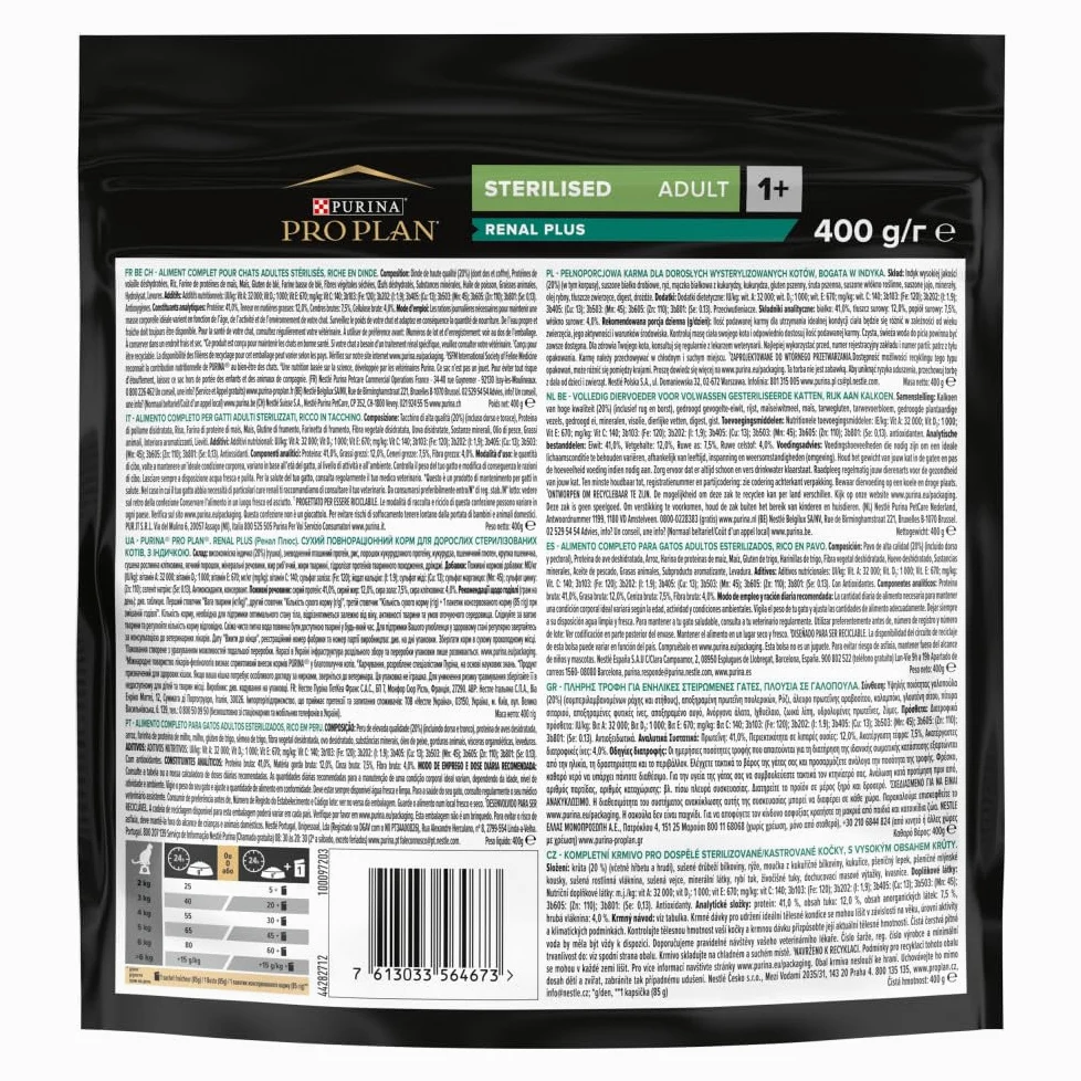 PURINA PRO PLAN | Sterilised Adult 1+ Renal Plus | Riche en Dinde | Croquettes | Chat | Sac de 400g | Lot de 8