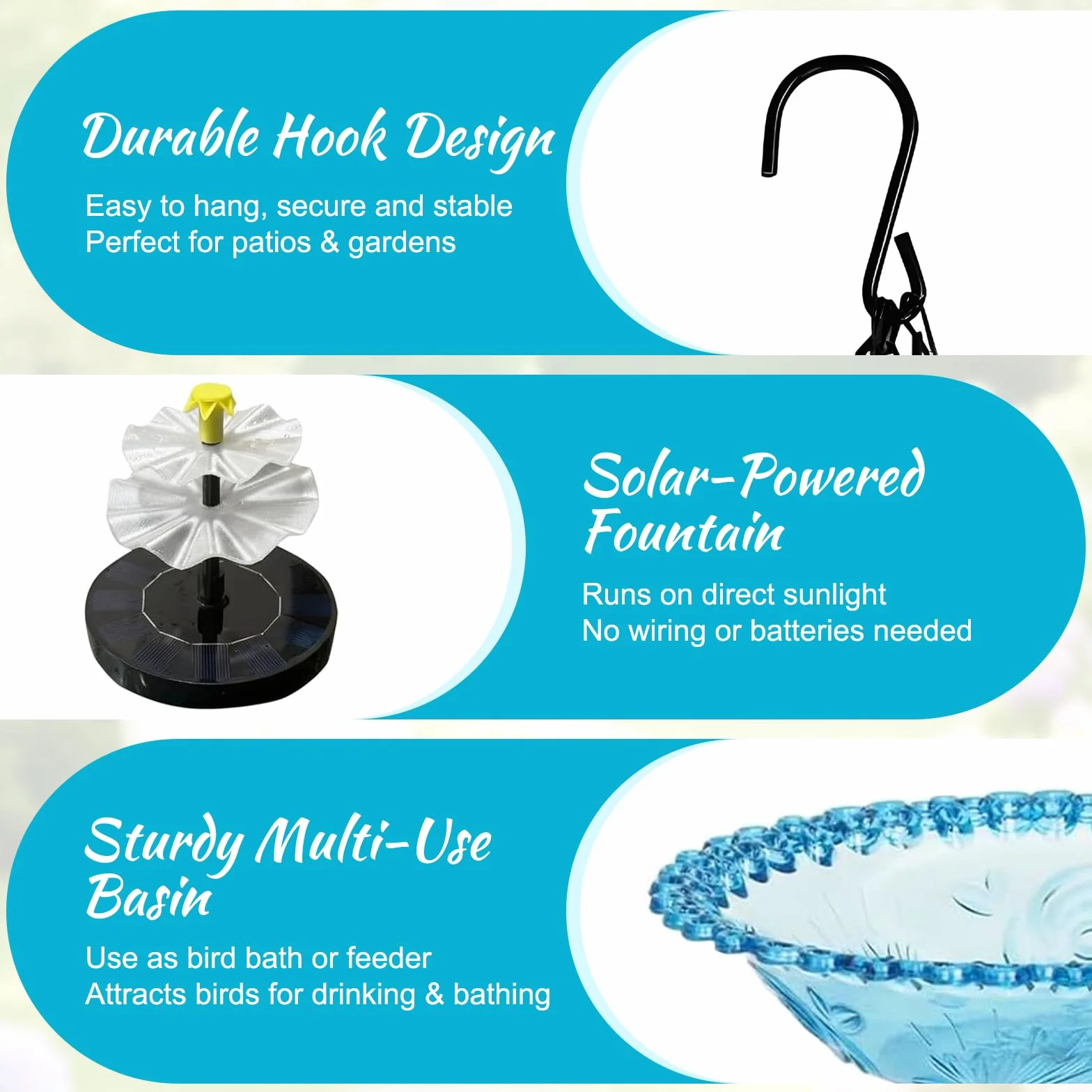 Bain d'oiseaux solaire avec fontaine suspendu chaînes métal bleu