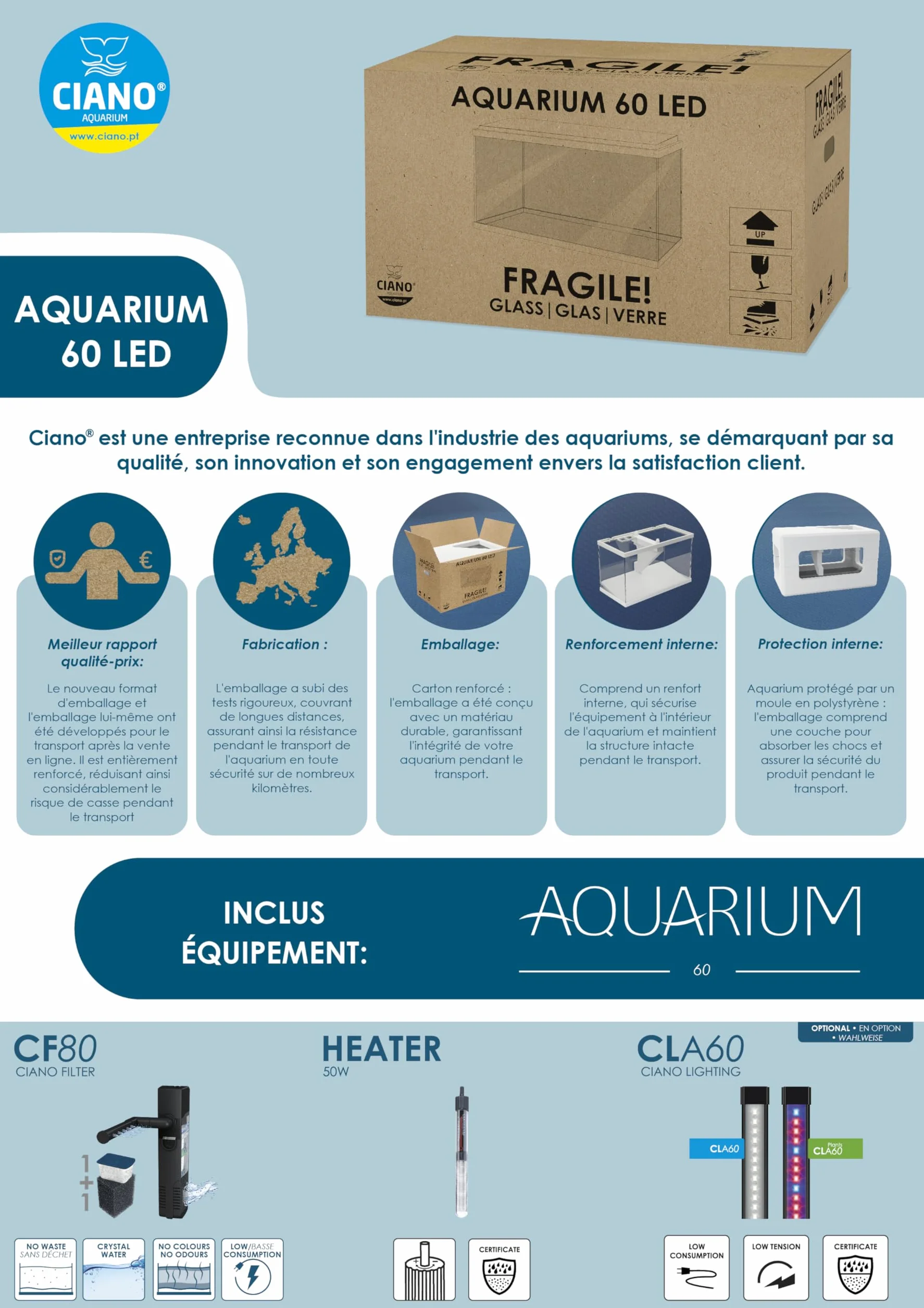 Ciano Aquarium 60 Blanc 58L Filtre LED Chauffage