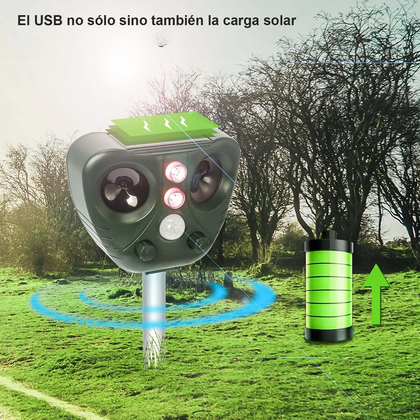 Repulsif Ultrason Chat Exterieur Etanche IP66 Rechargeable Solaire USB Anti Chat Chien Oiseaux Jardin
