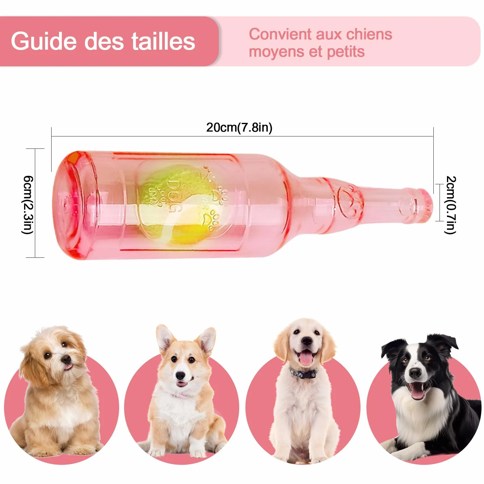 Jouet chien caoutchouc bouteille couinement, jouet interactif résistant morsure chiots petits moyens chiens rose