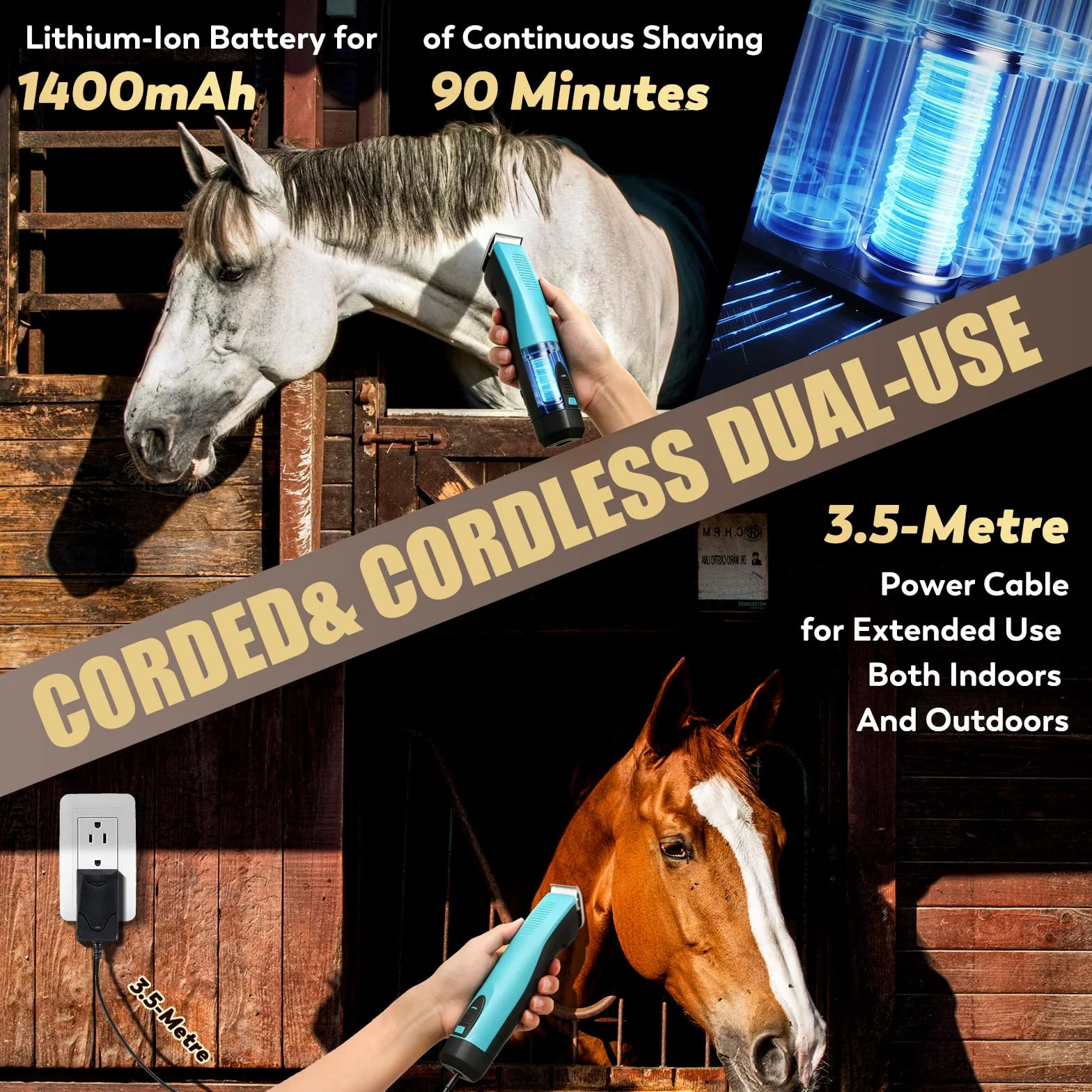 Tondeuse pour Chevaux CGOLDENWALL, Batterie Li-Ion 1400mAh & 3.5m Câble, 3200-4000rpm, Vitesse 2, pour Chien, Cheval, Chèvre