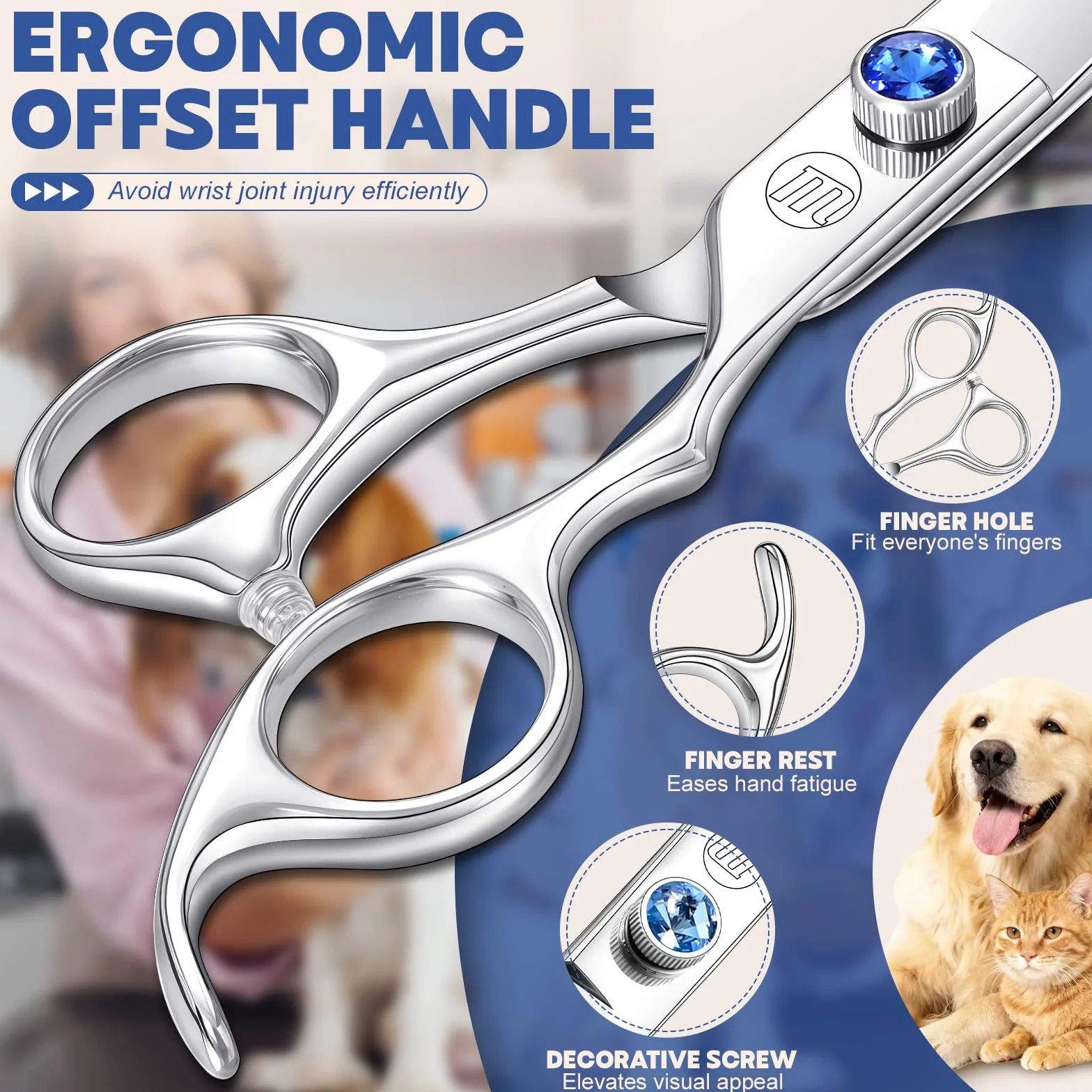 Moontay Ciseaux de Toilettage Professionnels pour Chiens Ciseaux à Fourrure droits pour couper les poils Ciseaux de 7 pouces en acier inoxydable japonais 440C Ciseaux de Toilettage pour Animaux Argent