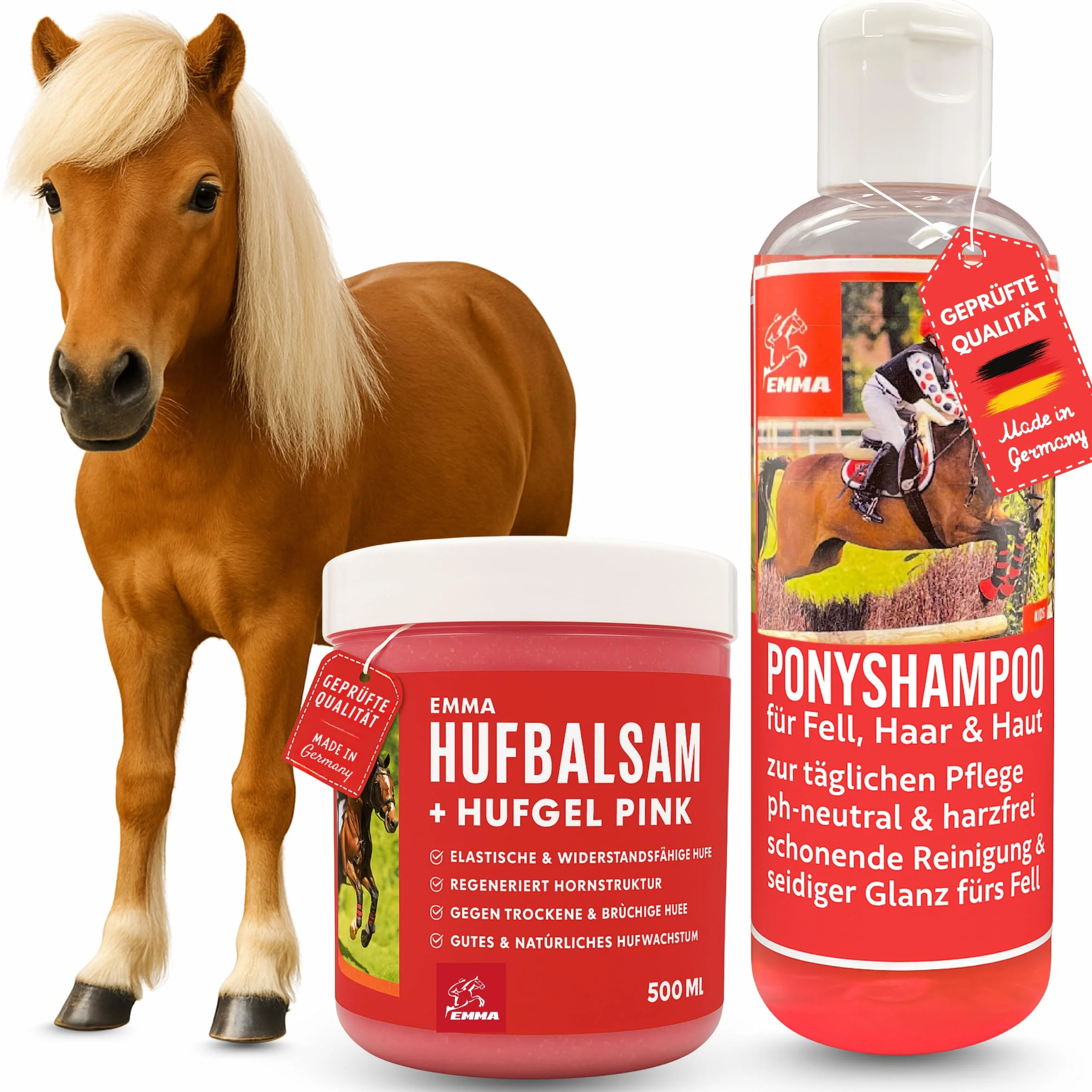 EMMA Shampoing pour chevaux I Kit d'entretien poney I Shampoing chevaux Fourrure Crinière Queue Rose & Parfum I Graisse de sabot pour chevaux rose I Baume pour sabots pour chevaux I Cadeau pour