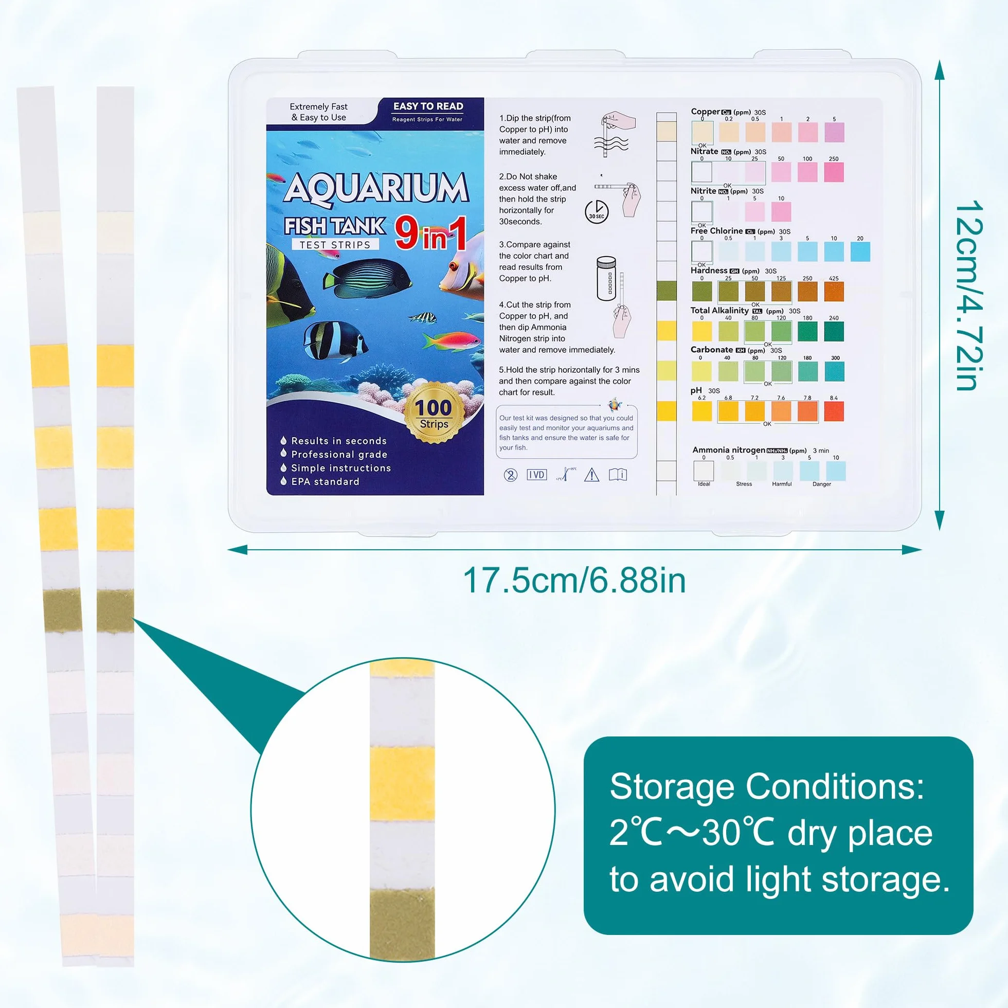 9 en 1 Bandelettes de Test pour Aquarium, Test d'eau Aquariophilie - Ammoniac, Nitrate, Nitrite, Chlore, pH, Dureté, Alcalinité, Cu - 100 Pièces