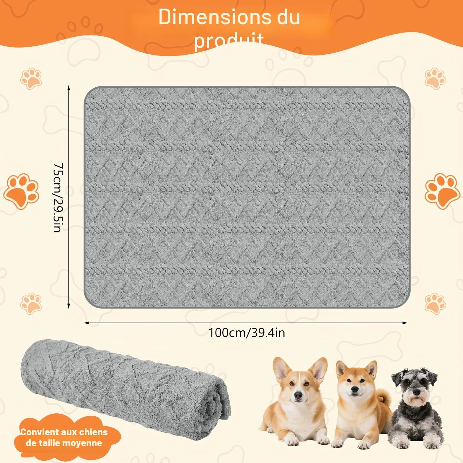 Couverture Chien Imperméable 100x75cm Flannel Réversible Lavable Machine Gris