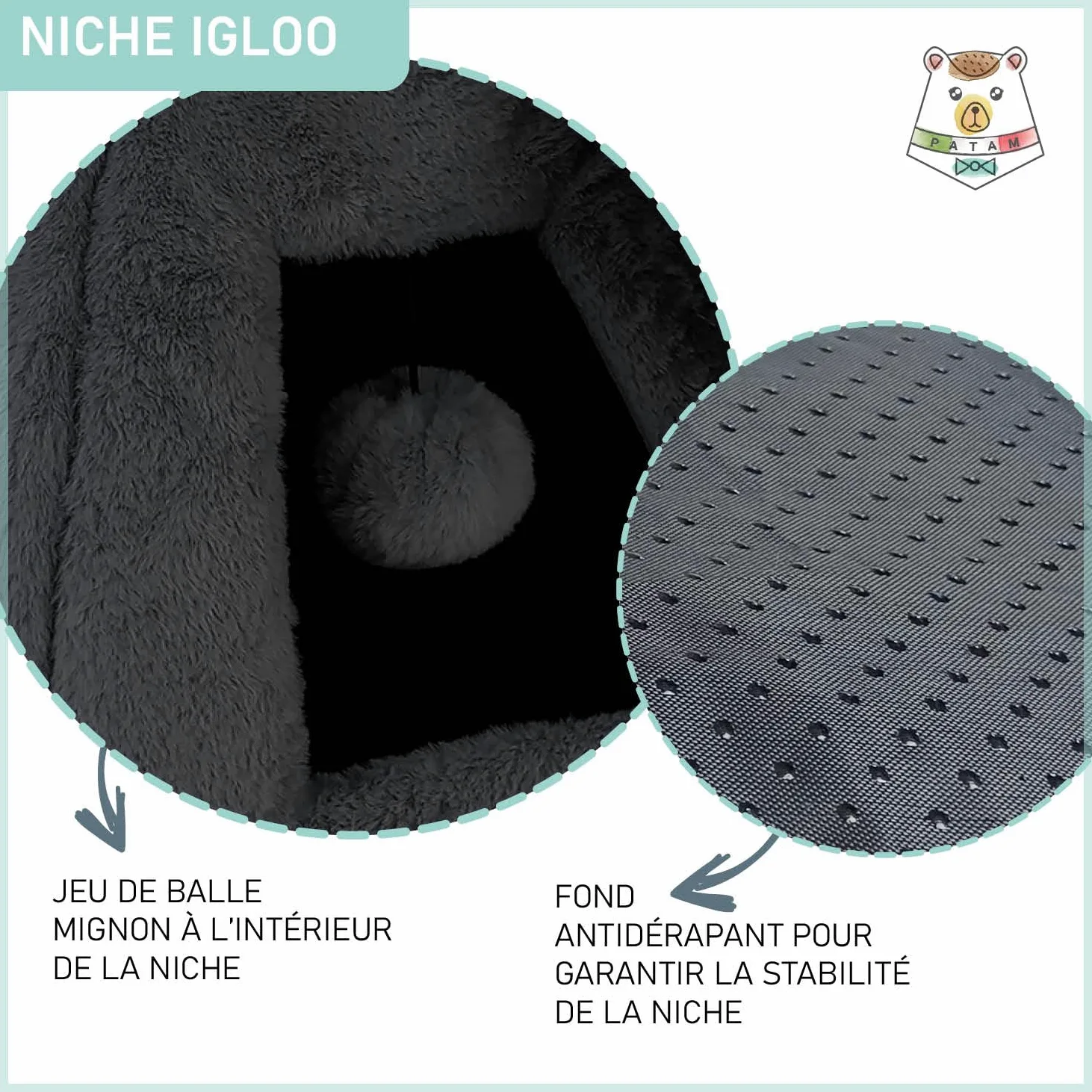 Niche pour Chiens et Chats, antidérapante en Tissu Duveteux Doux, Lavable, Design de Rideau avec Balle de Jeu, 43 x 43 x 43 cm - Igloo Noir