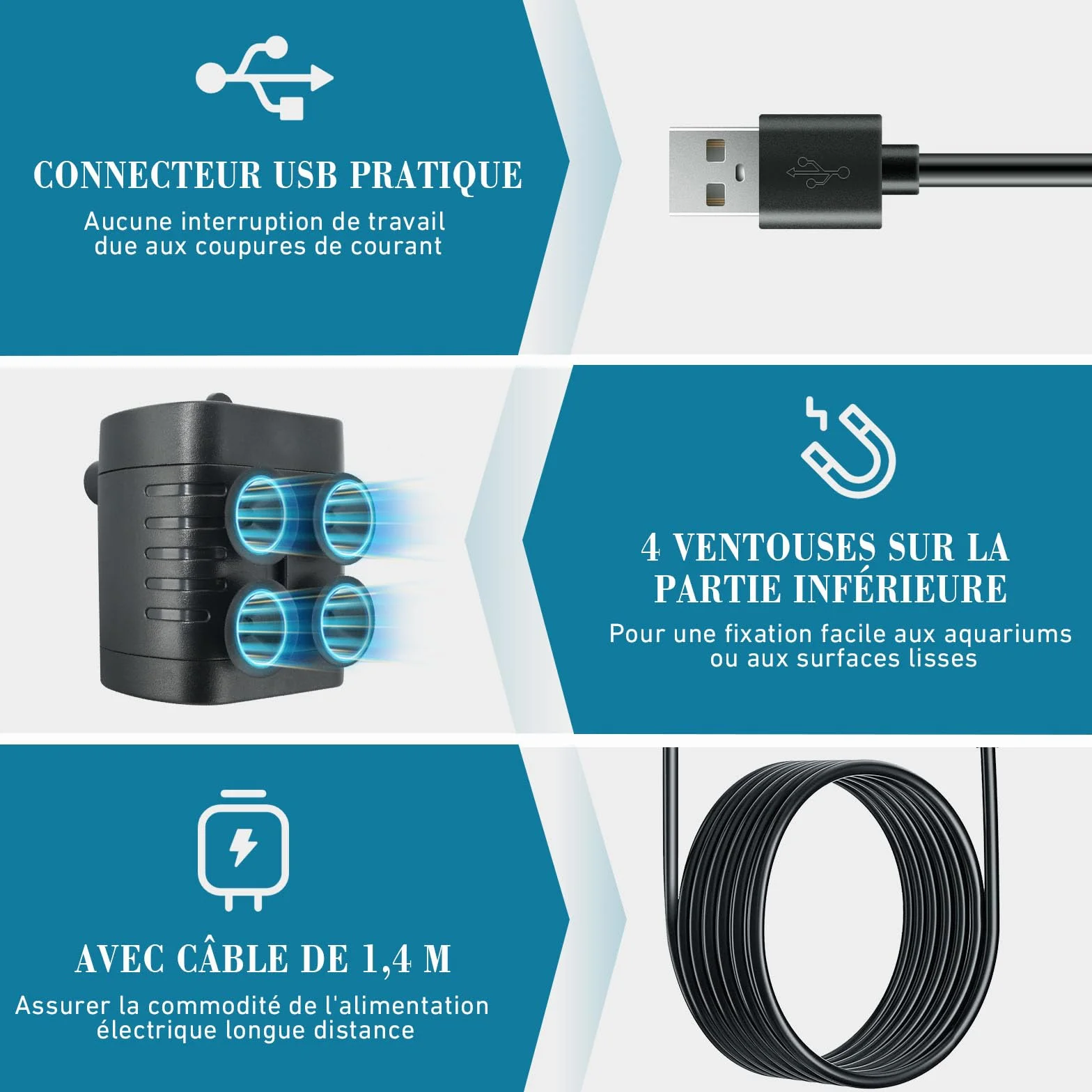 Pompe à eau aquarium silencieuse 200L/H réglable 1-3W USB