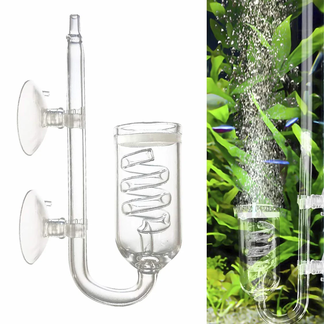 CO2 Diffuseur Aquarium Verre Spirale Atomiseur Bulle Compteur Ventouse Planté Fish Tank
