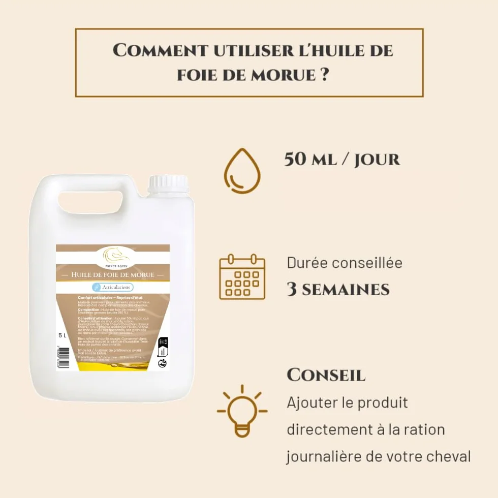Huile DE Foie DE MORUE - Complément nutritionnel Cheval - Bidon 5 L - Articulations - Reprise d'état Cheval - Immunité - Source d'oméga 3 et vitamines A et D - Marque française
