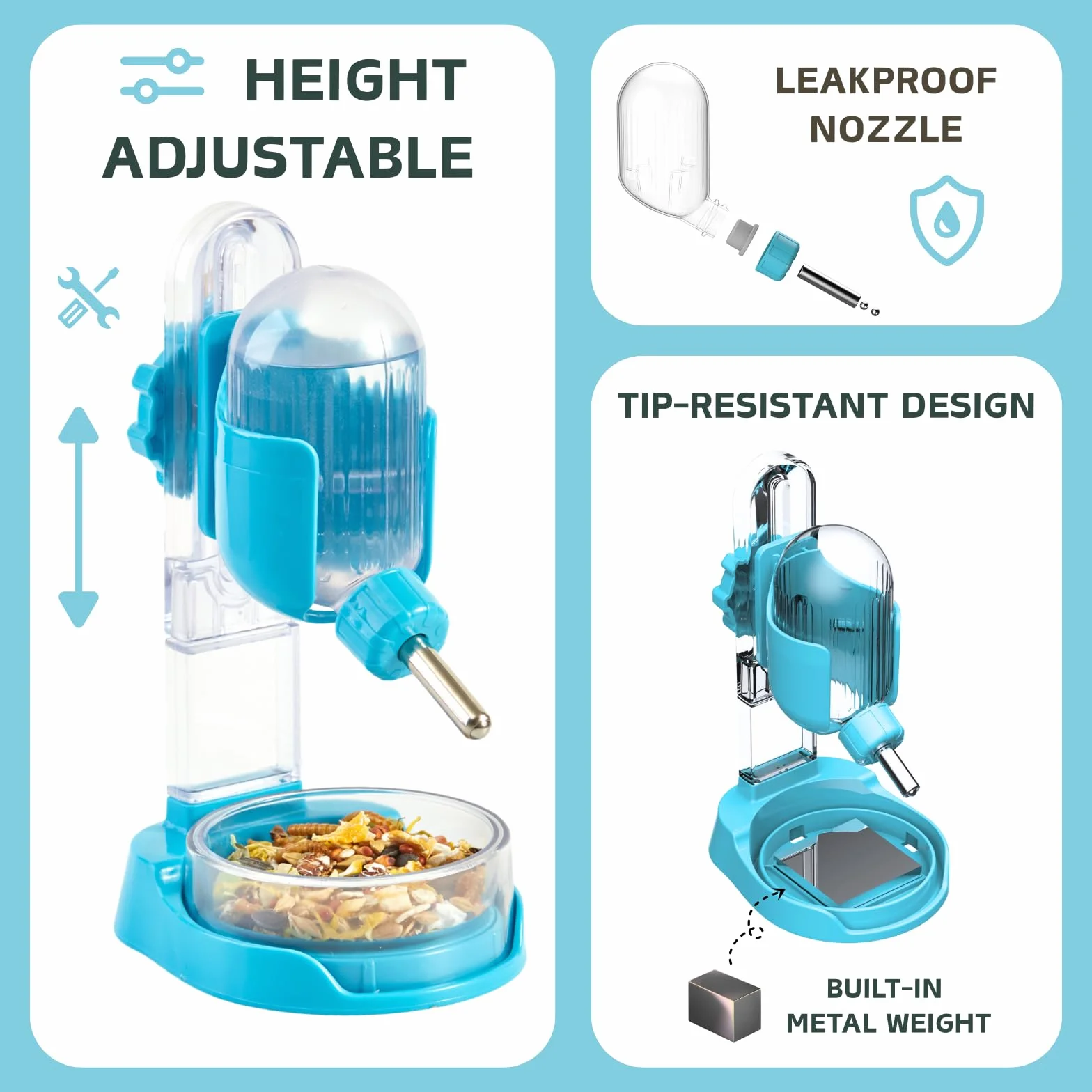 Bouteille d'eau pour Hamster 100 ML avec Support et Bol de Nourriture, Bleu