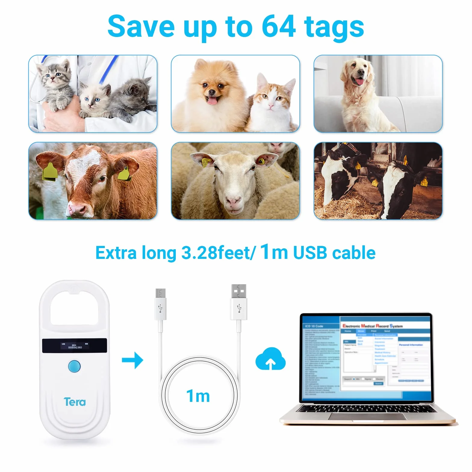 Tera Porte Adresse pour Animaux Lecteur de Puce pour Animaux Scanner RFID Portable Animal puce ID Scanner avec écran OLED Rechargeable avec Boucle D