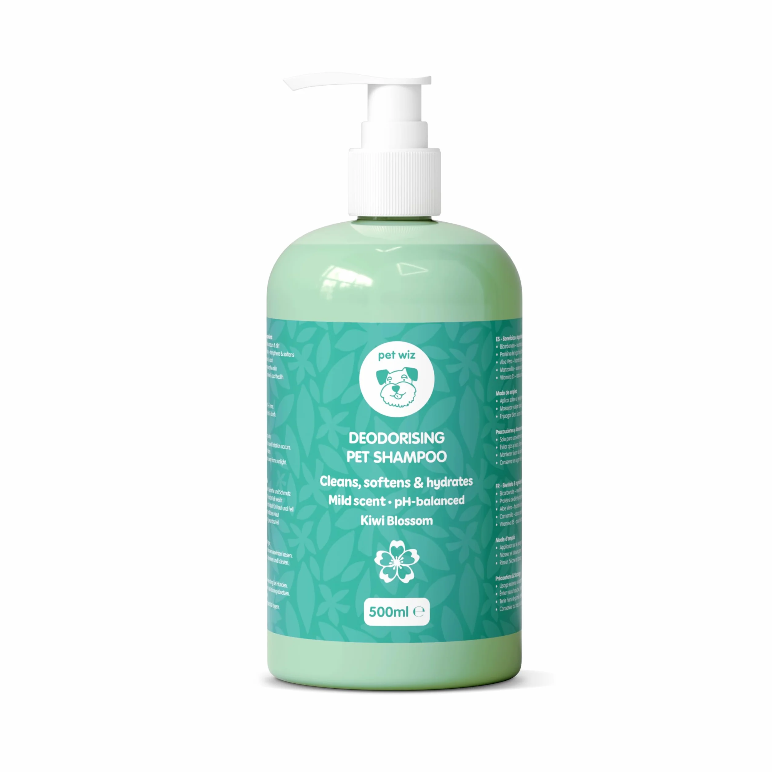 Shampoing Super désodorisant pour Animaux à la Fleur de Kiwi | Nettoie, nourrit, désodorise et protège la Peau | avec Bicarbonate de soude, extrait de Camomille et Vitamine B5, 500 ML