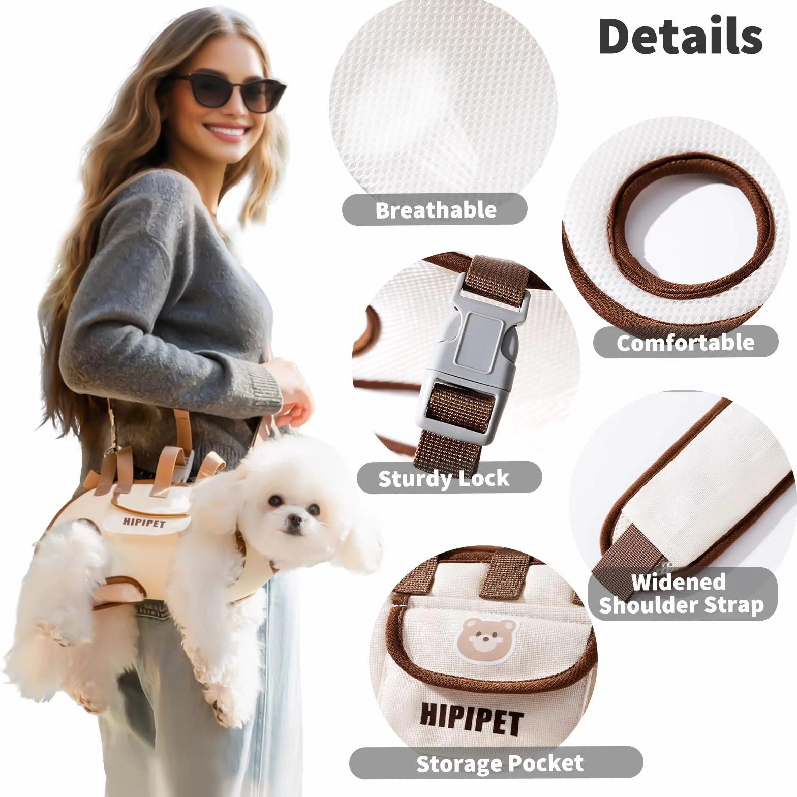 PETCUTE Sac à Bandoulière Mains Libres pour Chien, Sac de Transport avec Poche, Harnais Respirant Réglable pour Chat et Chiots