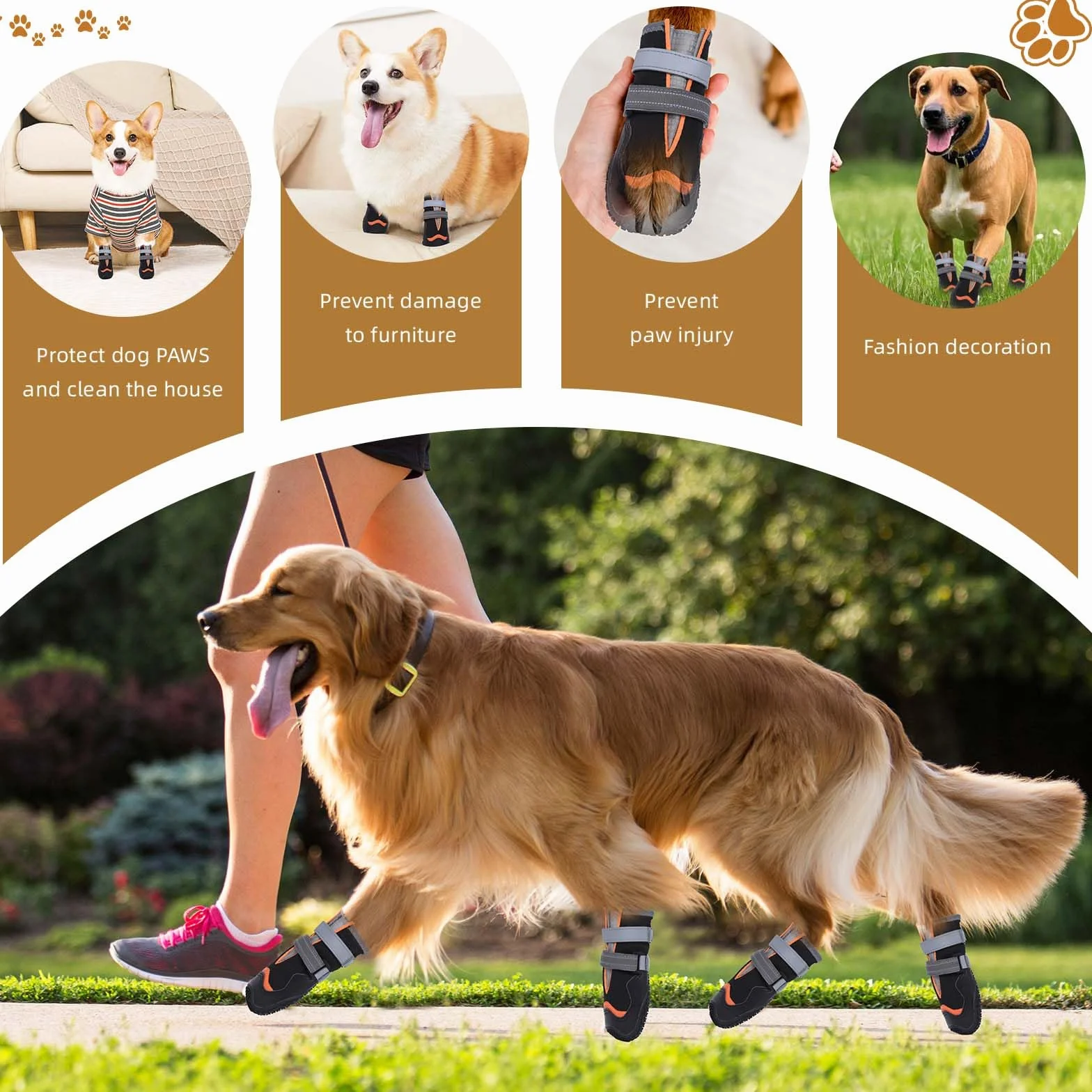 OHCOZZY Imperméables Bottines Chien Antidérapantes Sangles Réfléchissantes Semelles Résistant à l'usure 4 Pièces Orange