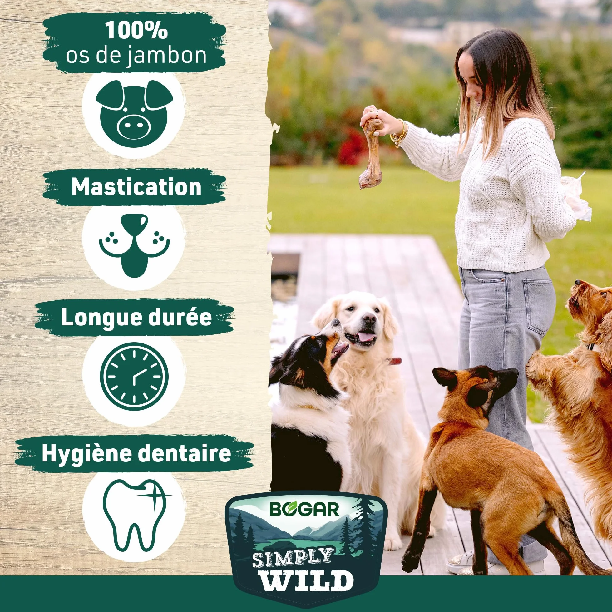 Bogar Simply Wild Friandises pour Chien Os de Jambon 100% Fémur de Porc Séché Aide à la Mastication