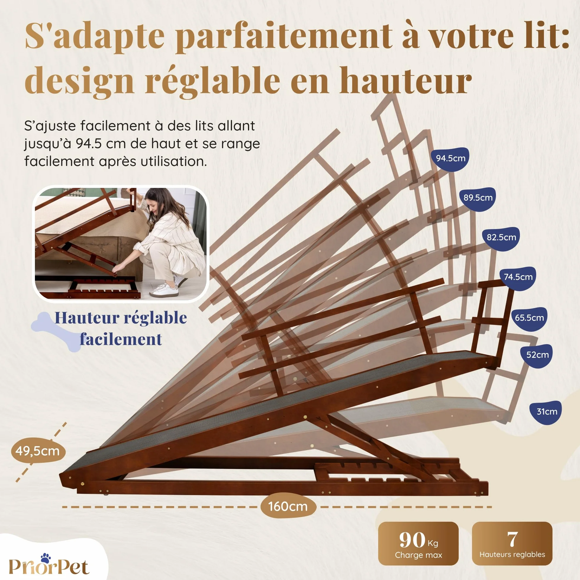 Rampe pour Chien Grande Taille avec Barrières de Sécurité, Pliable, Antidérapante, Bois de Bouleau, Noix, jusqu'à 94,5 cm, 90 kg