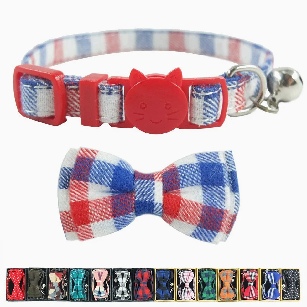 Collier pour chat avec clochette et nœud papillon, motif écossais, collier de sécurité réglable (17 à 27 cm)