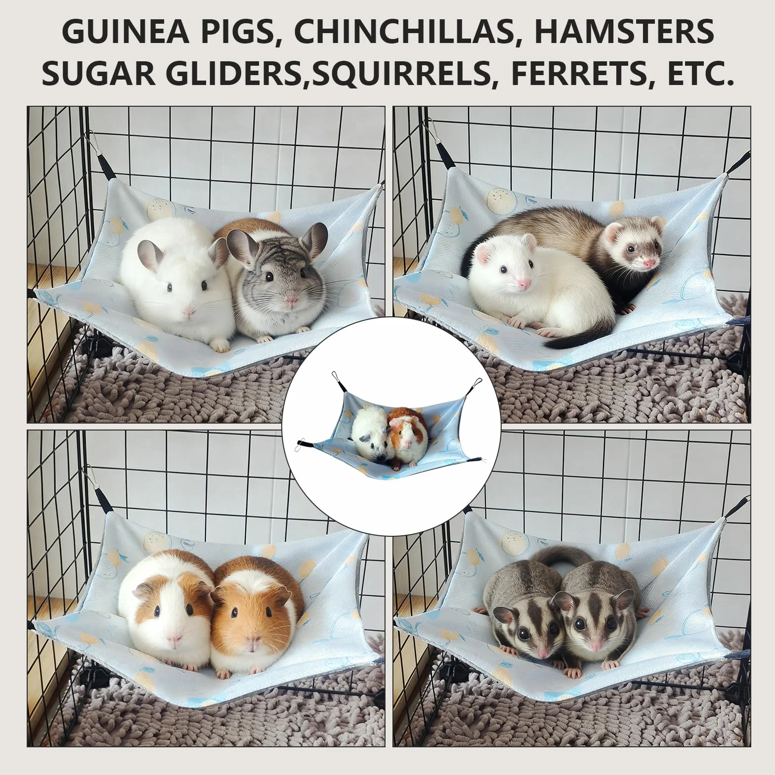 Hamac Cochon d'Inde Soie Glacée 28 x 28Cm Hamac Rongeur Ajustable Cage Furet Cabane Fraise Cochon d'Inde Lit Lapin Design Double Face Balançoire pour Lapin Hamster Chinchilla