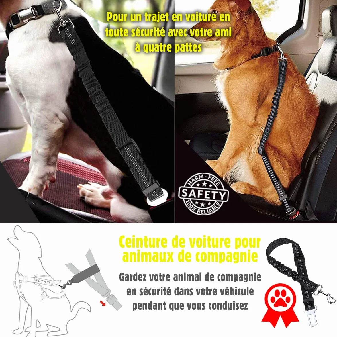 Harnais Voiture pour Chien Noir avec Absorption de Chocs - Ceinture de Sécurité pour Chien