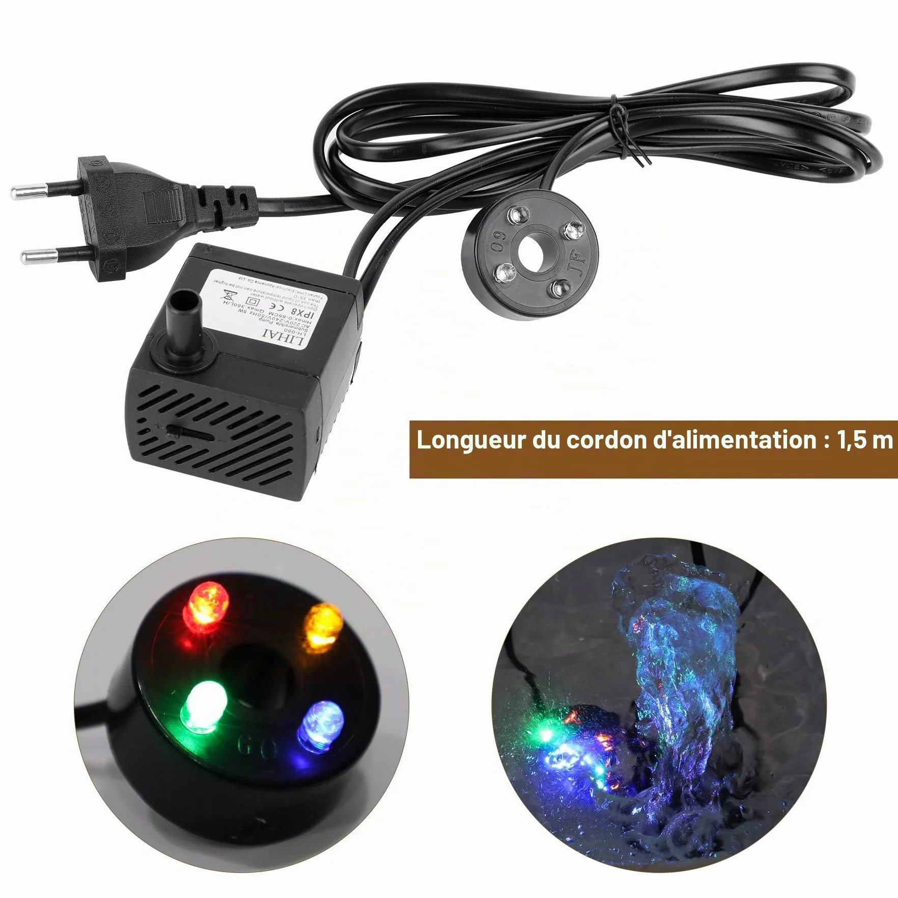 Mini pompe à eau LED 350 l/h 3,5 W submersible aquarium jardin fontaine rocaille 0,85 m