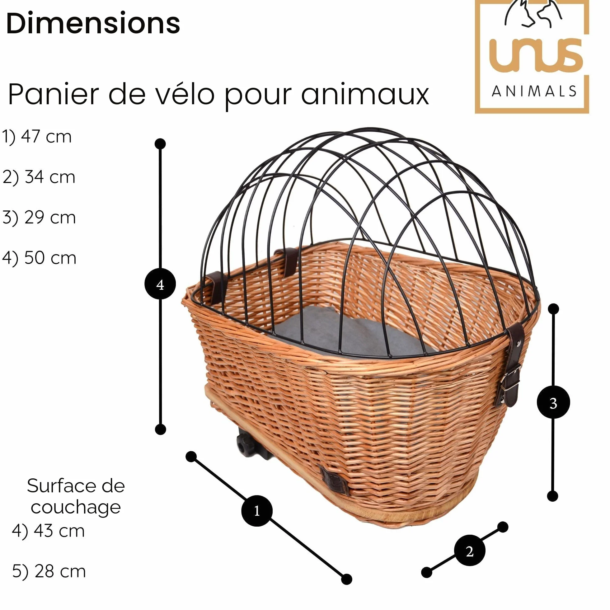 UNUS Panier de vélo pour chien en osier gris avec grille et coussin